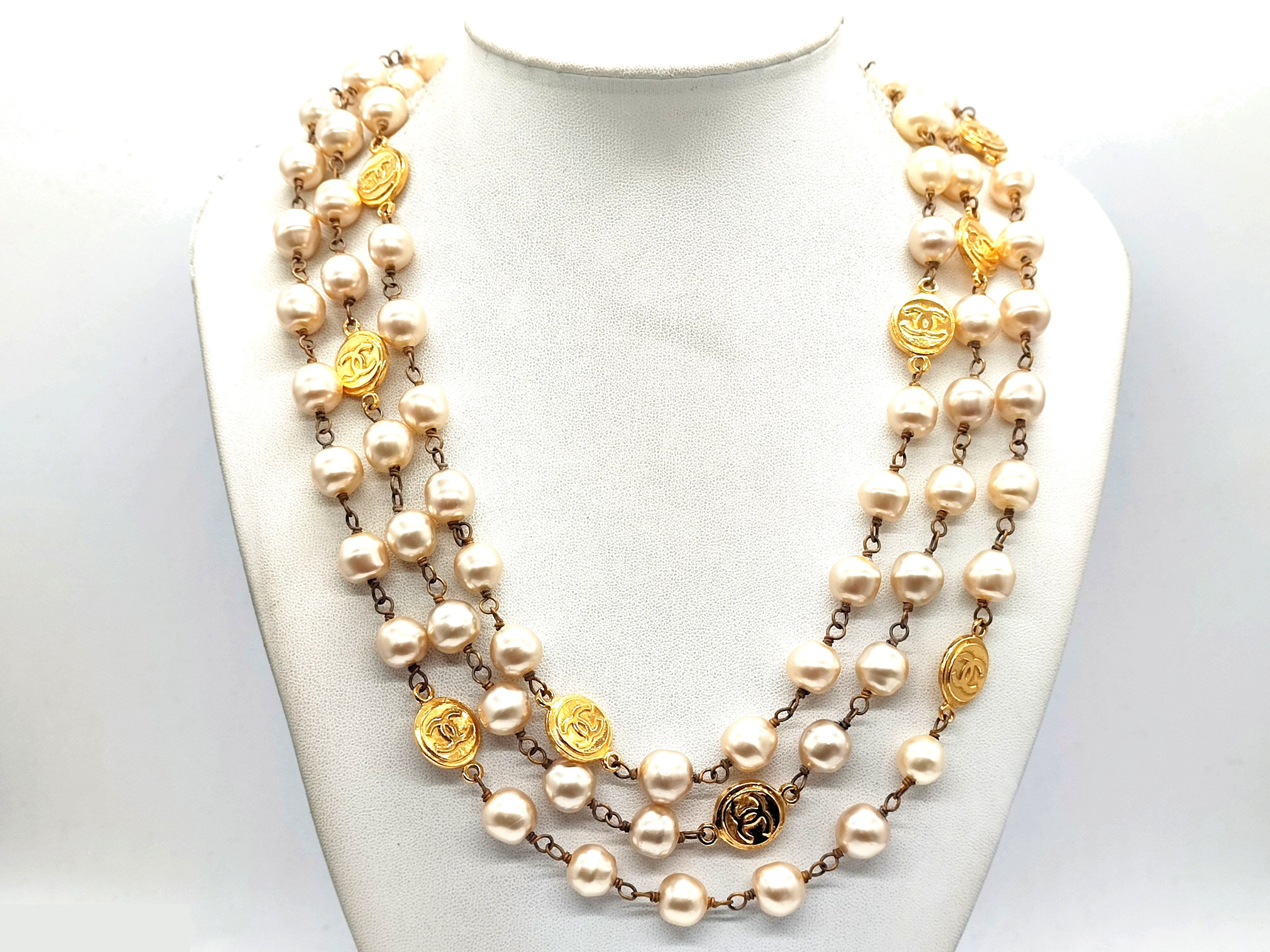 Coco Mark Coin Pearl Long Necklace, Chain approx. 192cm
