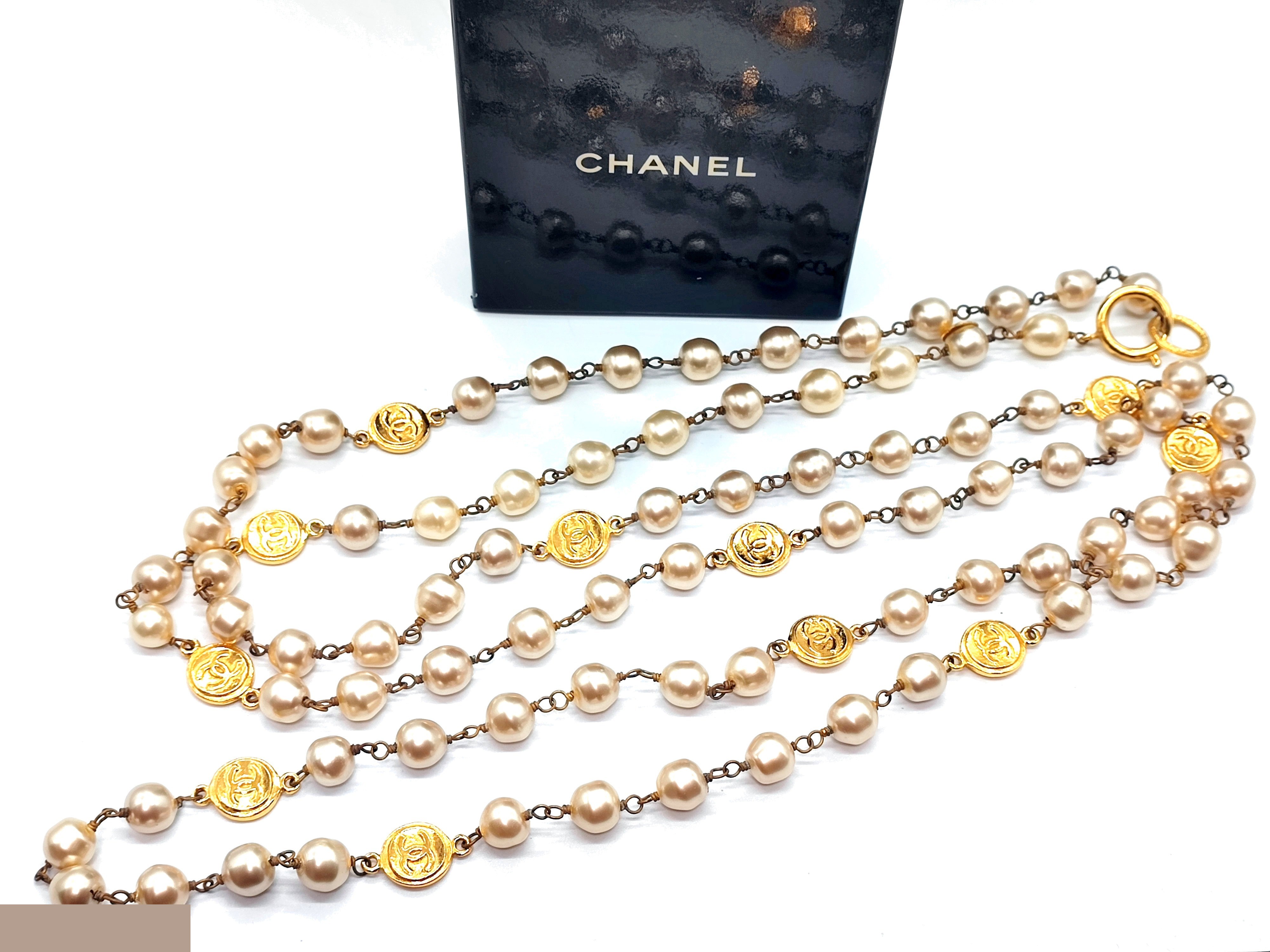 Coco Mark Coin Pearl Long Necklace, Chain approx. 192cm — view 3
