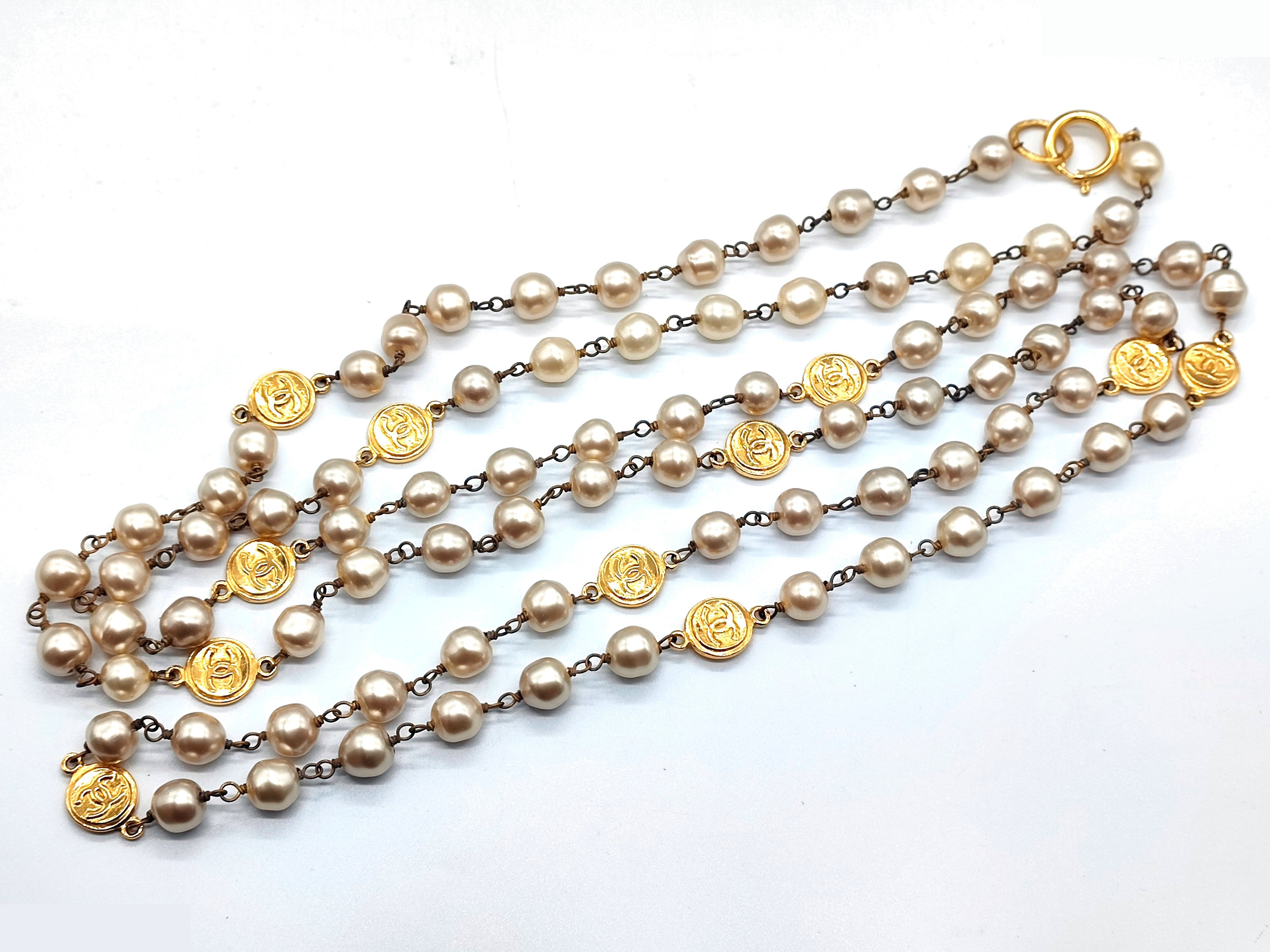 Coco Mark Coin Pearl Long Necklace, Chain approx. 192cm — view 4