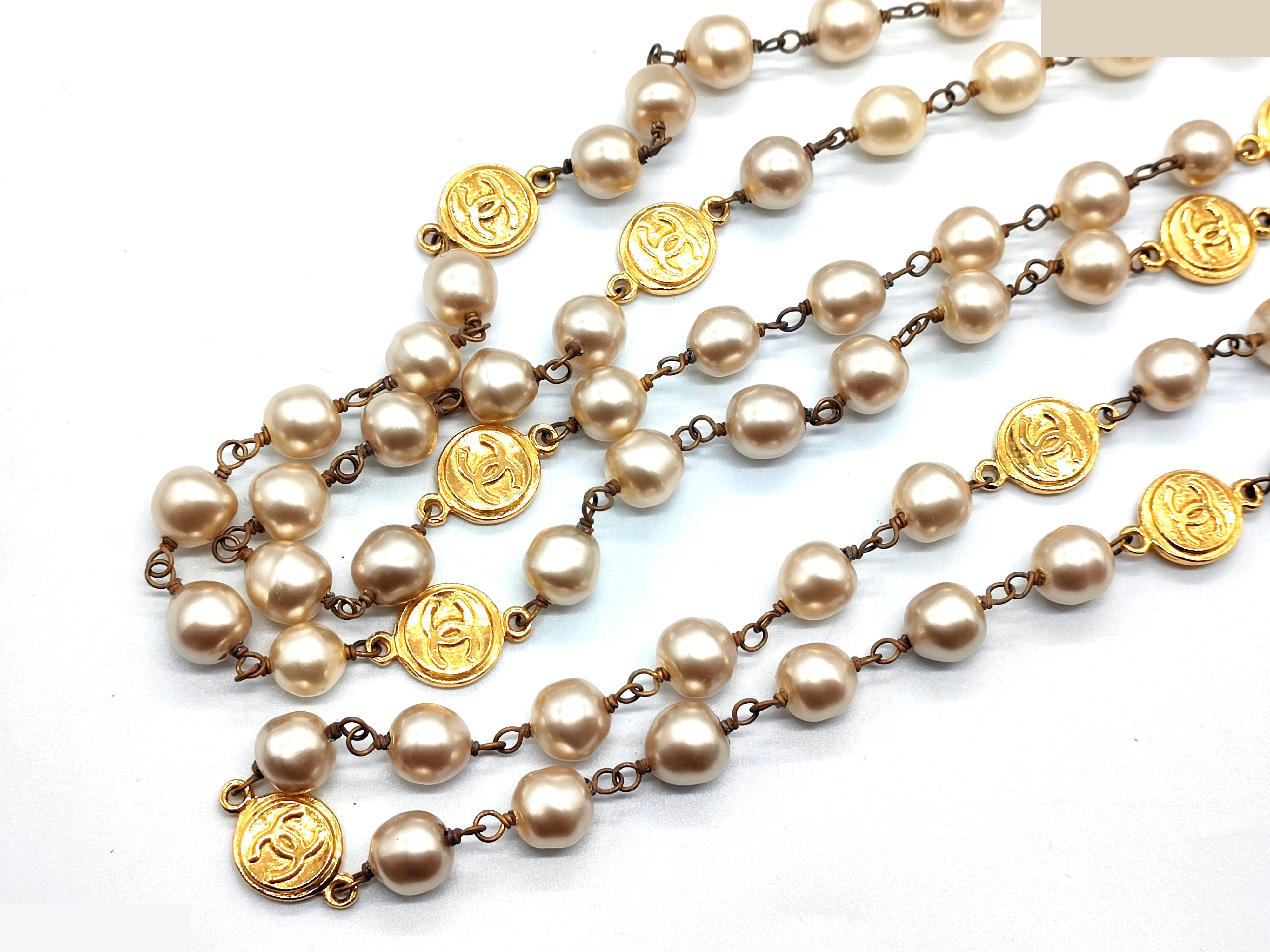 Coco Mark Coin Pearl Long Necklace, Chain approx. 192cm — view 5
