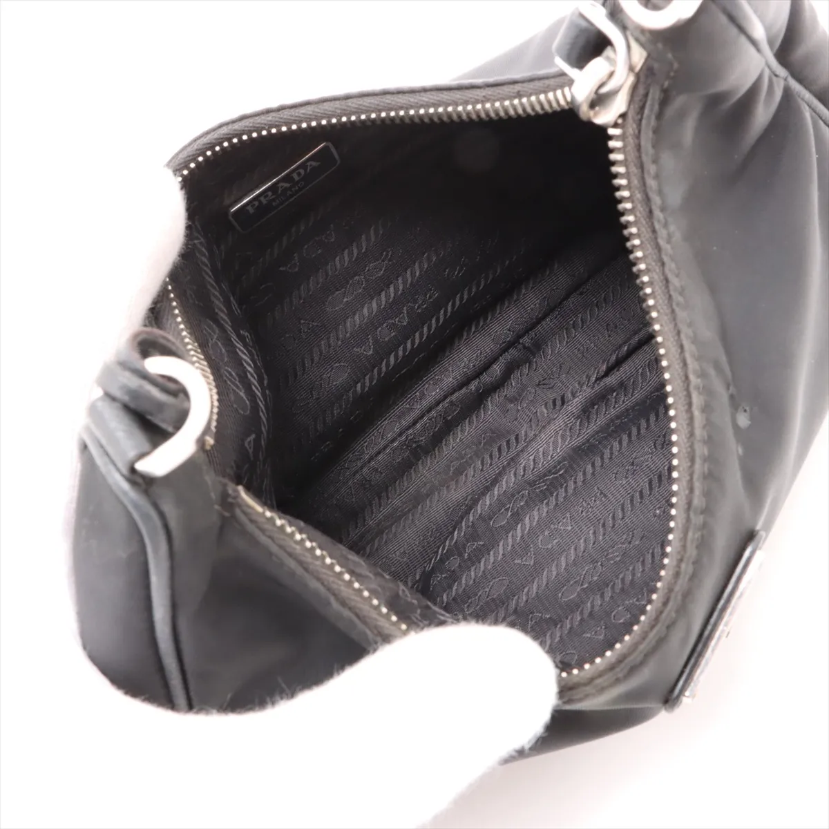 Tessuto Nylon x Leather 2WAY Shoulder Bag Black Crochette Strap Crack — view 7