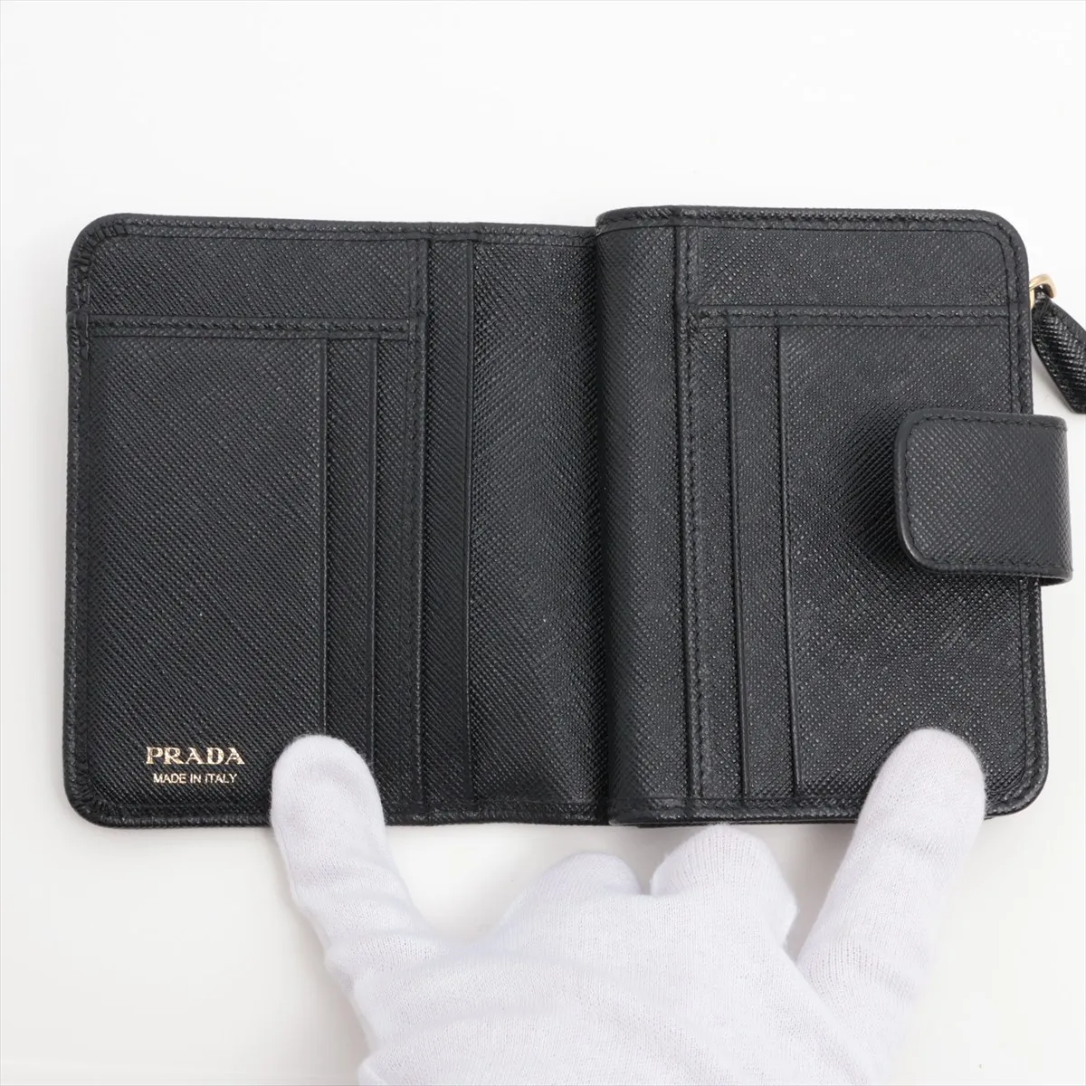 Saffiano Triangle Logo 1ML018 Leather Compact Wallet, Black — view 3
