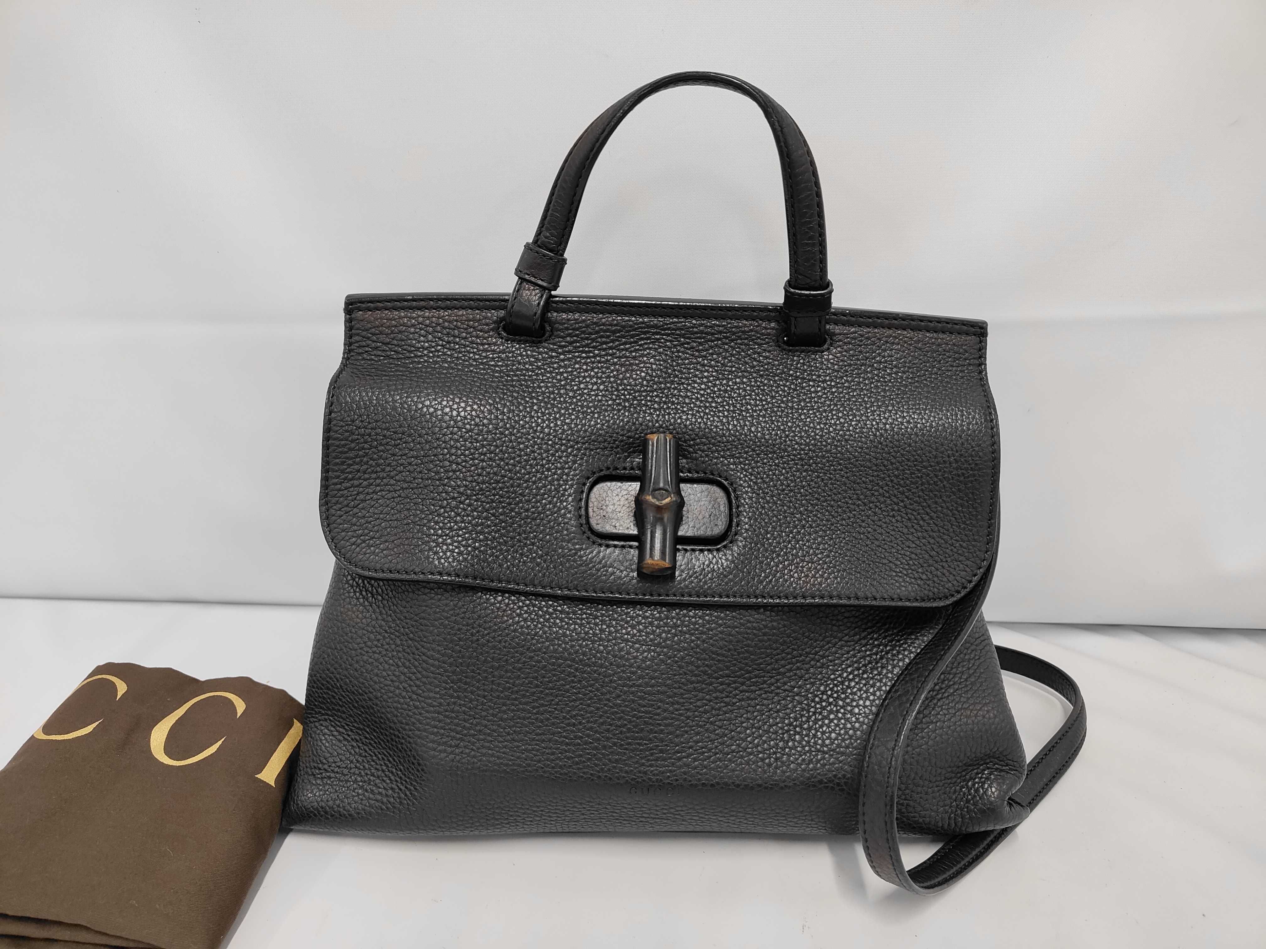 Medium Bamboo Daily Top Handle Bag in Black Grained Calfskin Leather with Silver Hardware