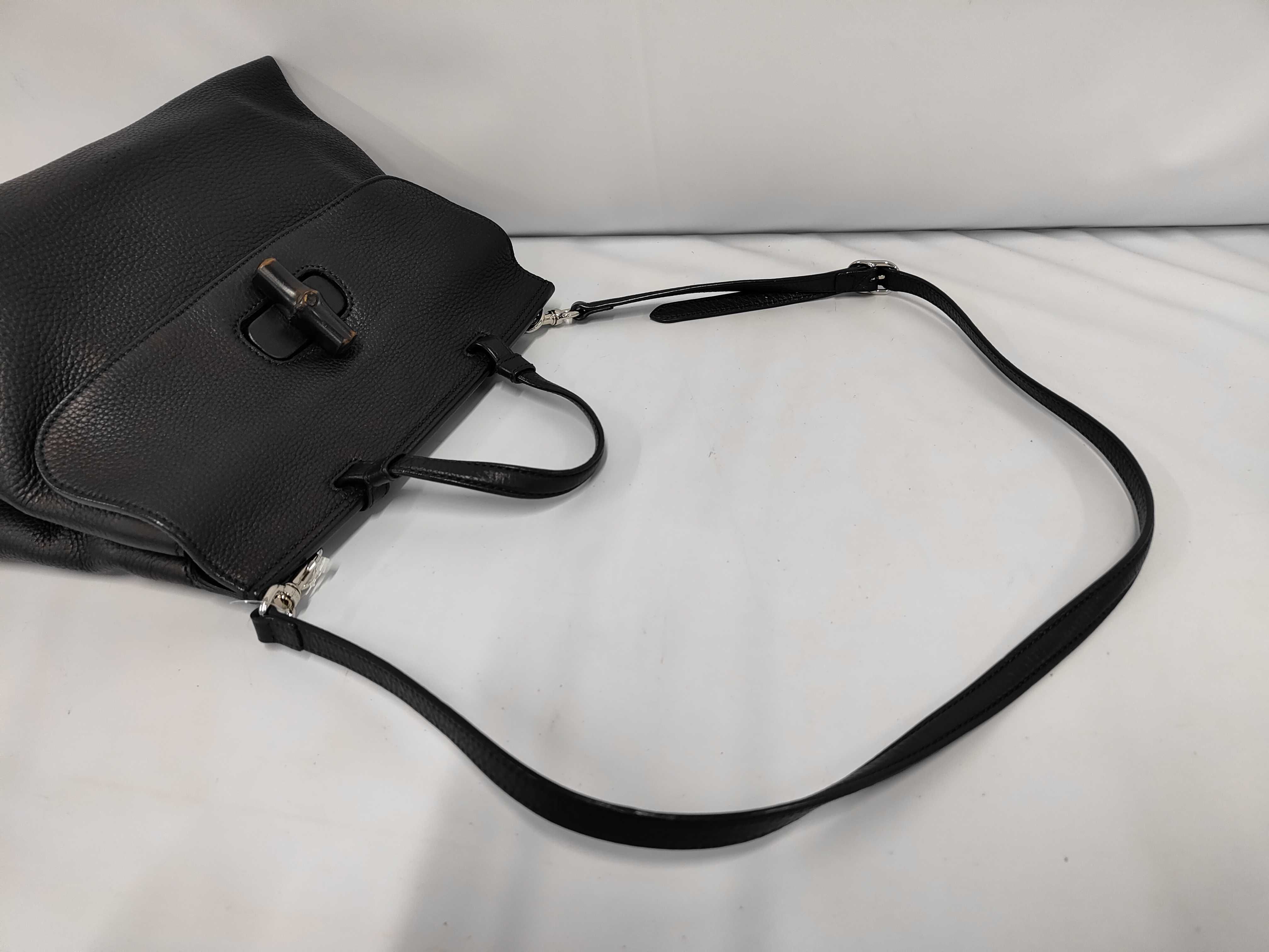 Medium Bamboo Daily Top Handle Bag in Black Grained Calfskin Leather with Silver Hardware — view 5