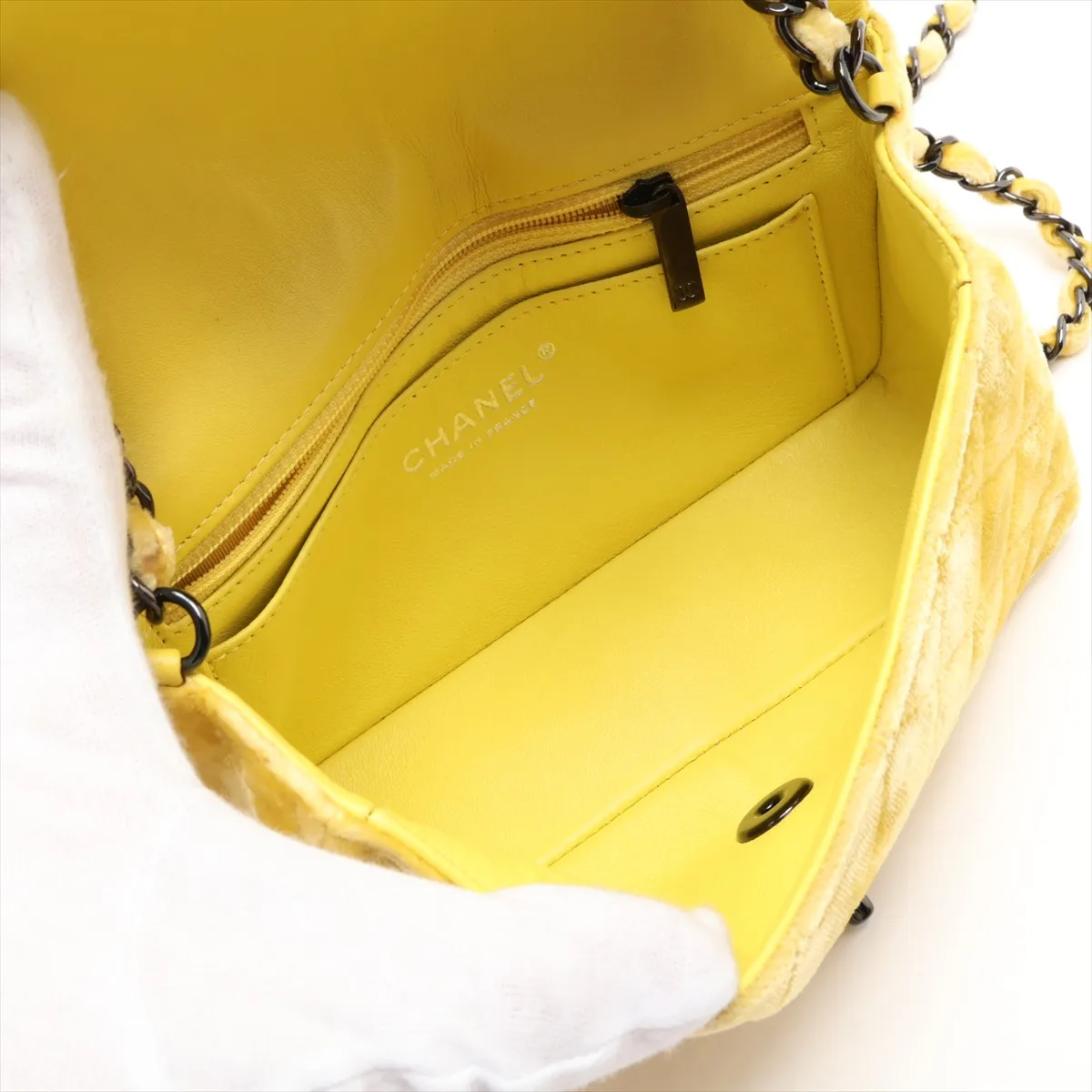 Mini Matelassé 20 Velour Single Flap Single Chain Bag, Yellow with Black Hardware, 20275514, Serial Number in the 20s, A69900 — view 6