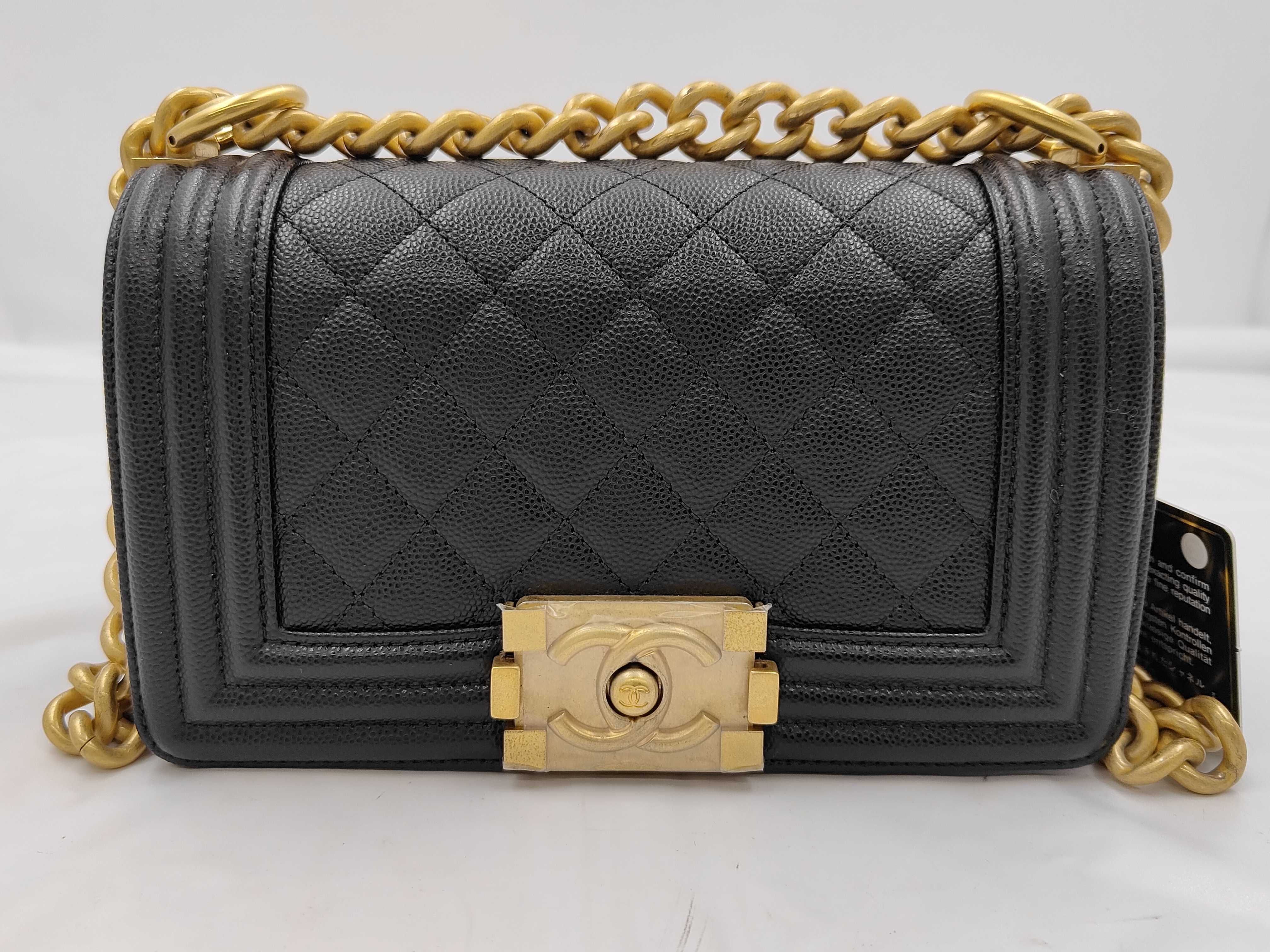 Boy Chanel Caviar Skin Chain Shoulder Bag, Black with Gold Hardware, with original seal, serial number in the 29 range.