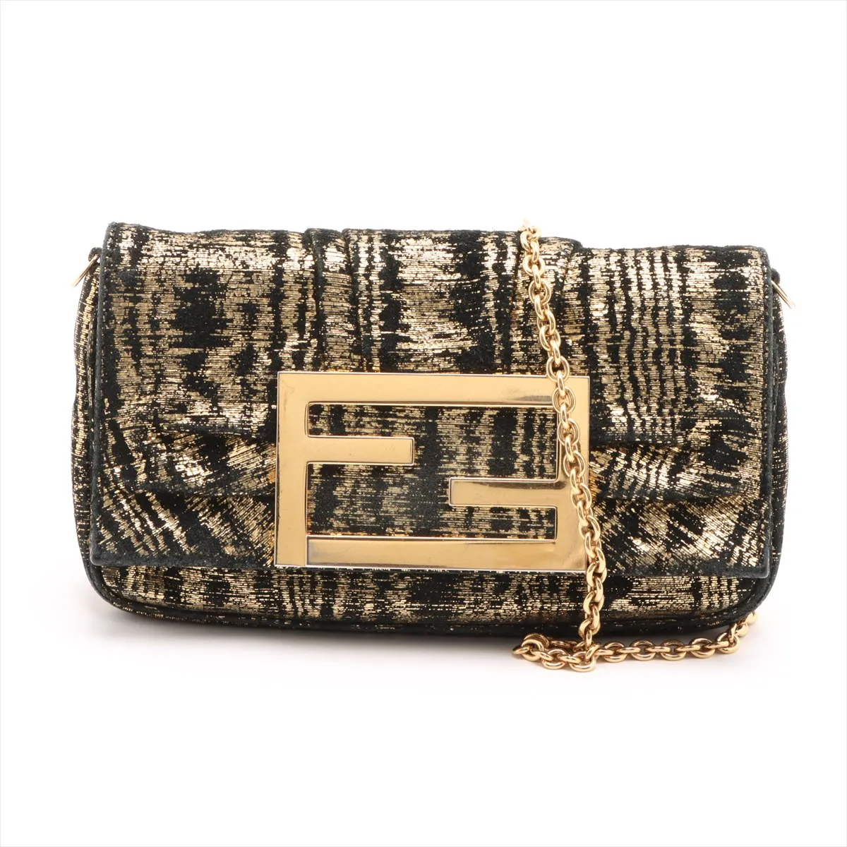 Velour Chain Shoulder Bag, Black x Gold, 8BP046