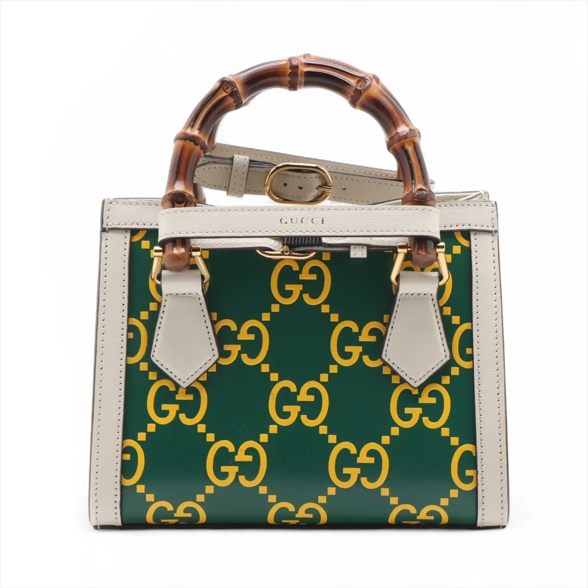 Bamboo Diana Leather Handbag, Green x White, 655661 — view 2