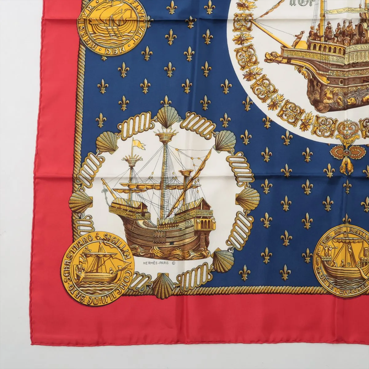Carre 90 Scarf, Silk, Navy x Red, — view 5