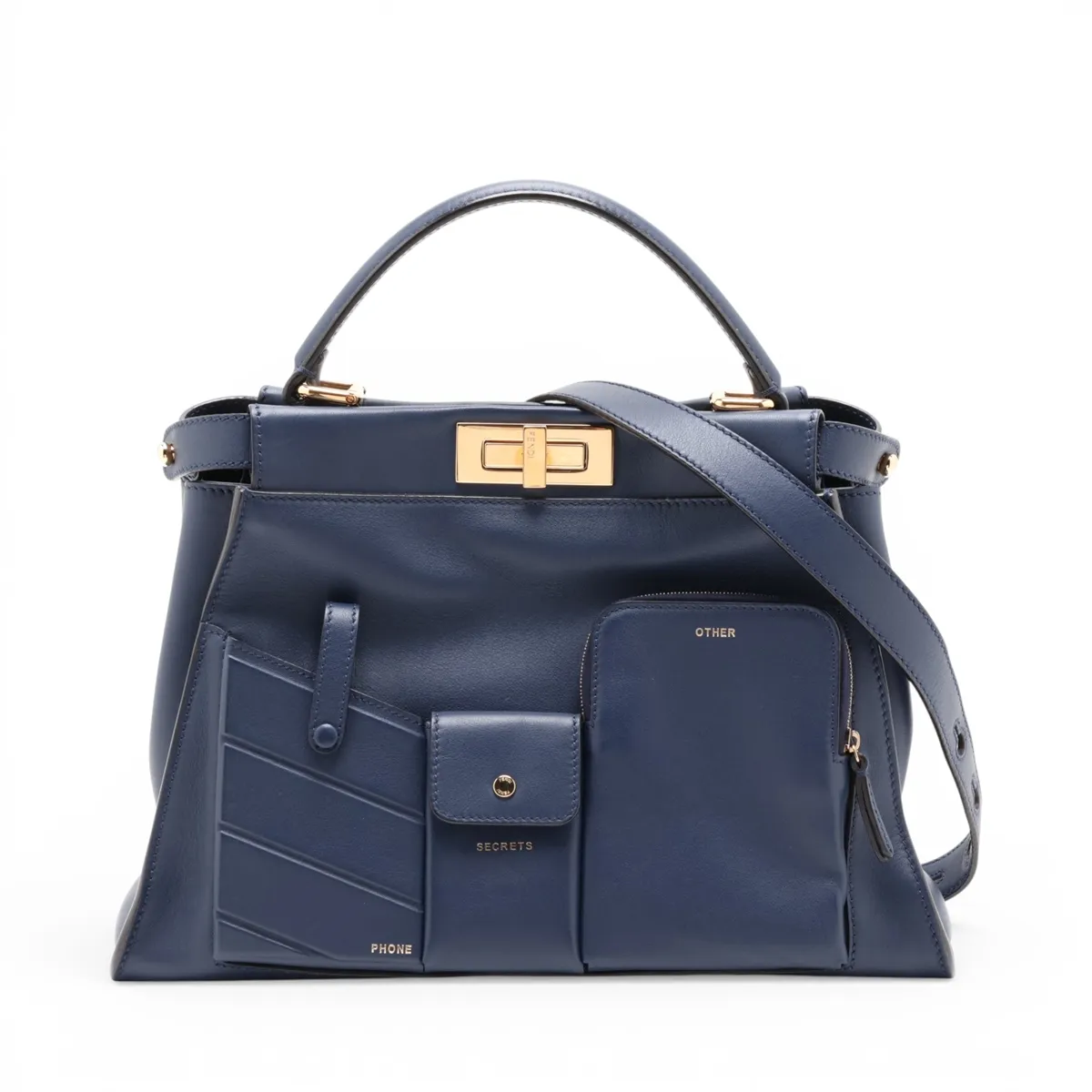 Peekaboo Regular Pocket Leather 2-Way Handbag, Navy, 8BN312