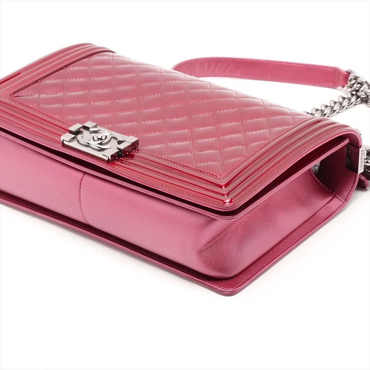 Boy Chanel 28 Large Patent Leather Chain Shoulder Bag, Red, Silver Hardware, 19613932, Serial Number 19-series, A92193 — view 3