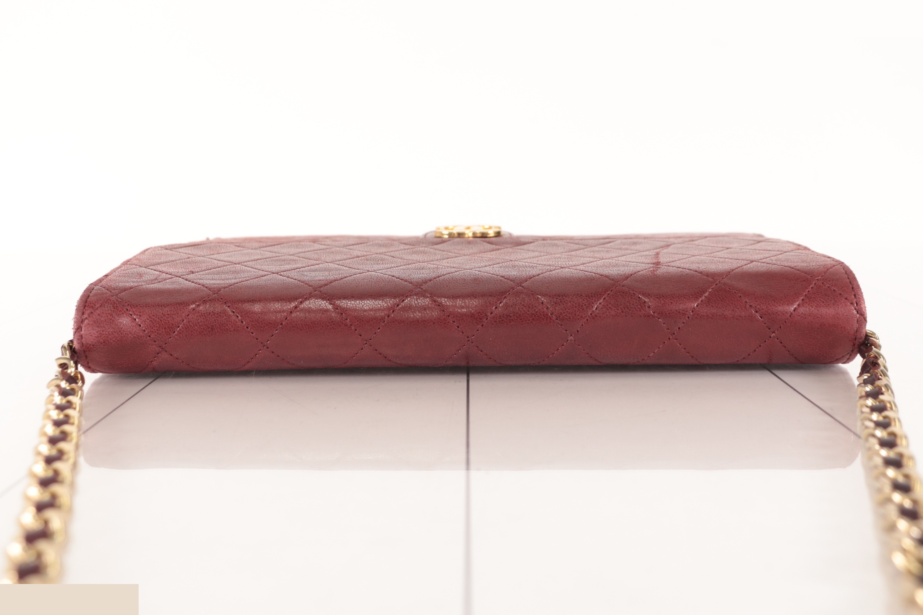 Push-lock lambskin chain shoulder bag, Bordeaux, size 6. — view 5