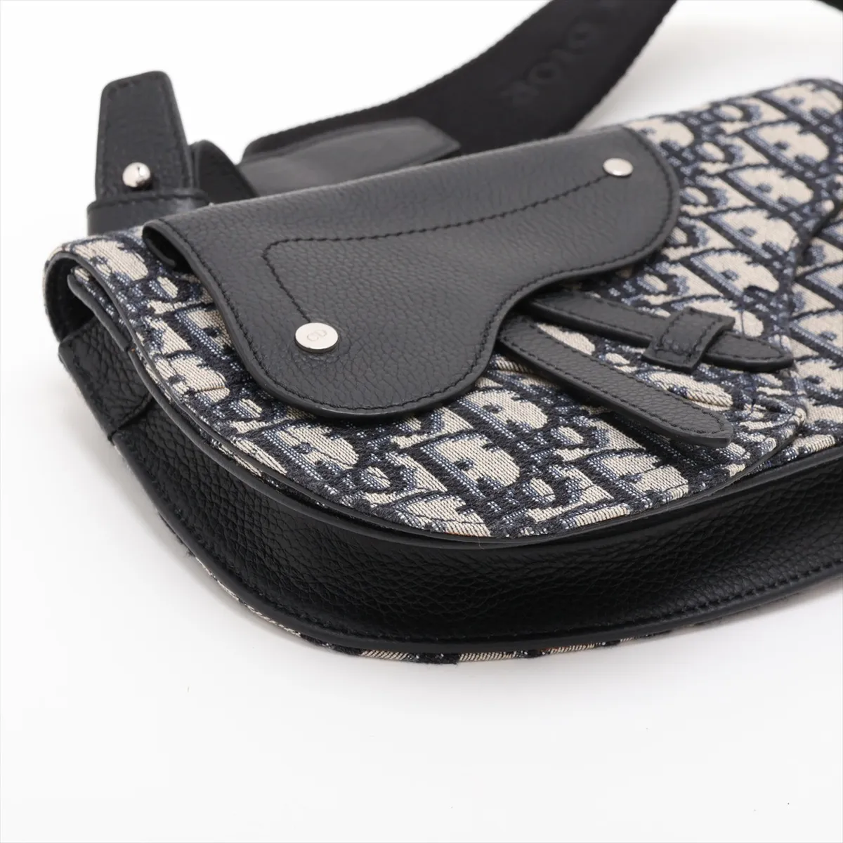 Oblique Saddle Canvas x Leather Body Bag, Navy, Unsigned Guarantee Card — view 4