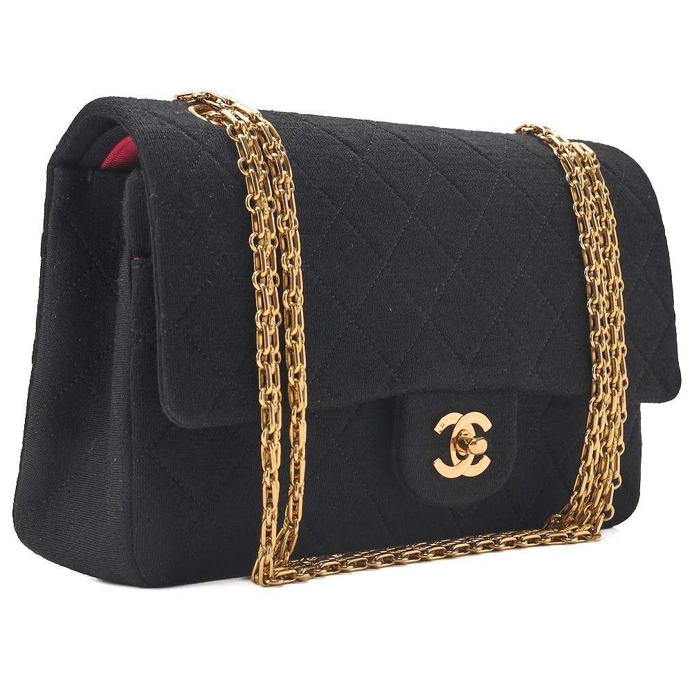 Jersey Matelassé Double Flap 2.55 Chain Shoulder Bag Black Gold Hardware 0 Series — view 3