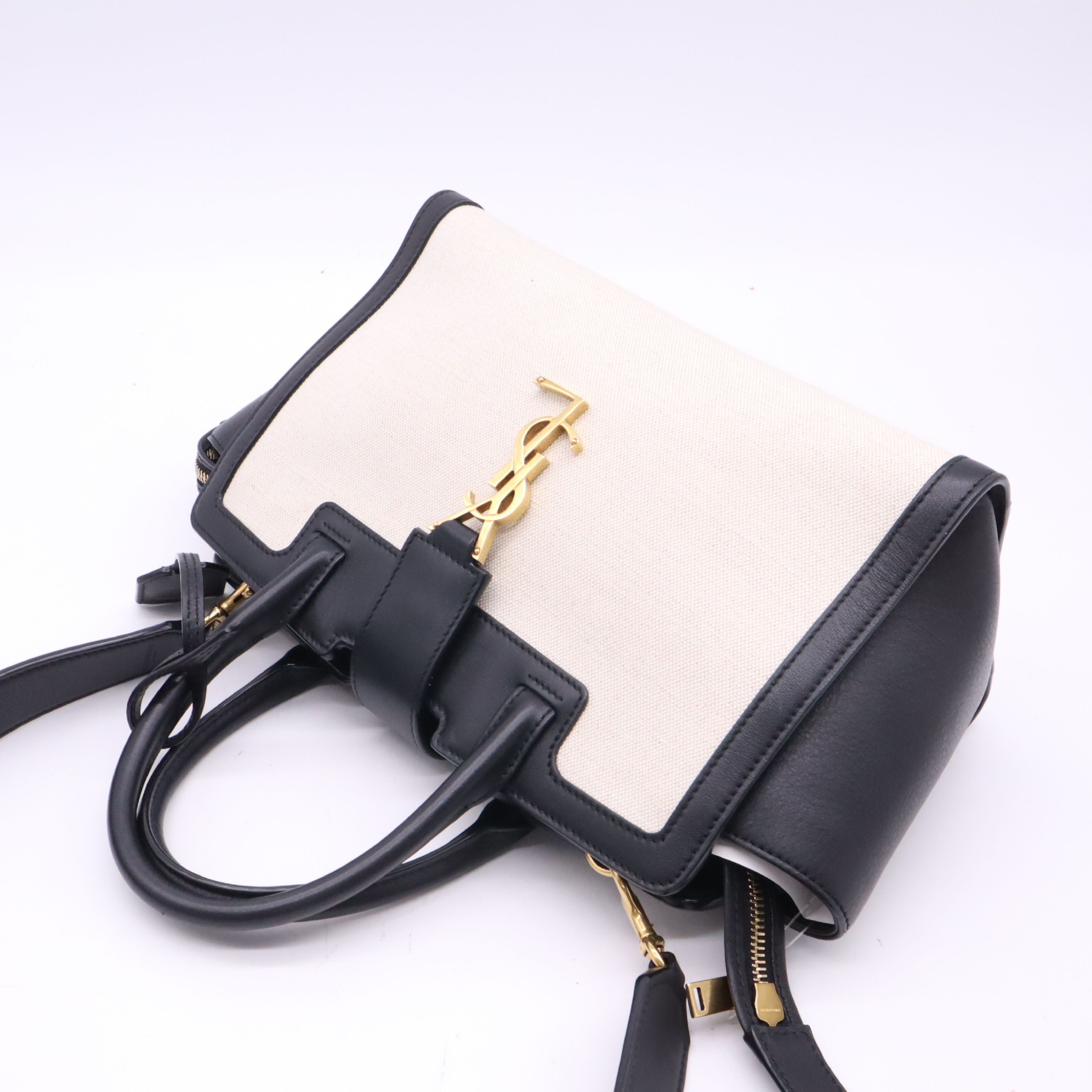 635346 Canvas x Leather Downtown Baby 2-Way Handbag, Natural x Black, with Strap — view 3