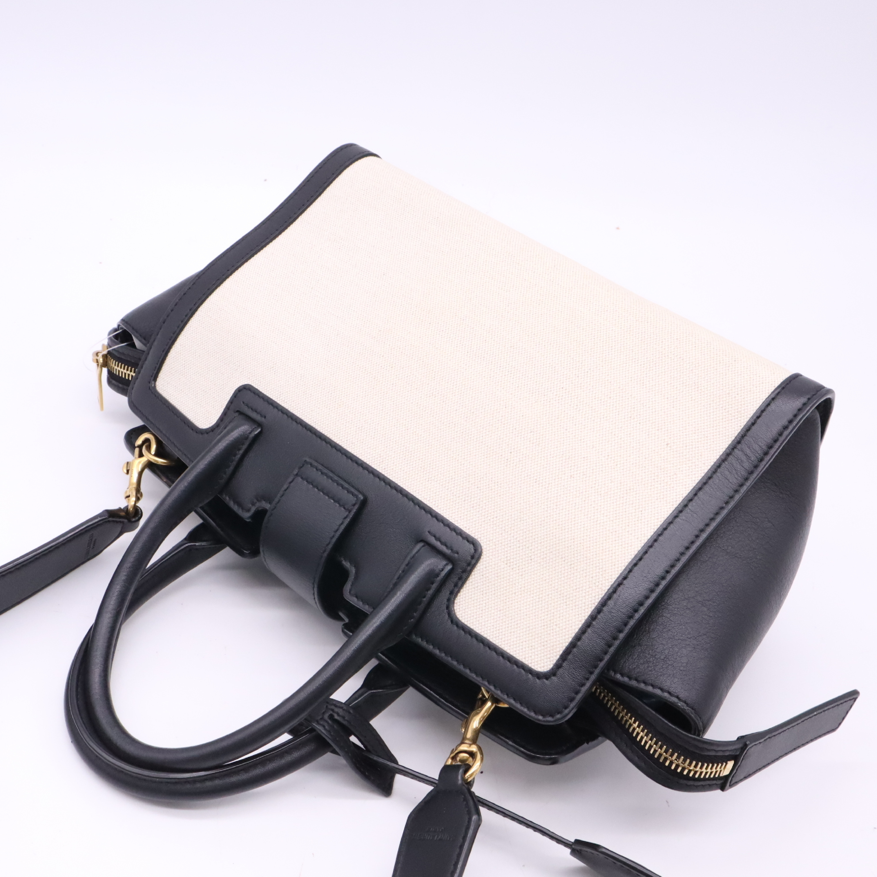 635346 Canvas x Leather Downtown Baby 2-Way Handbag, Natural x Black, with Strap — view 4