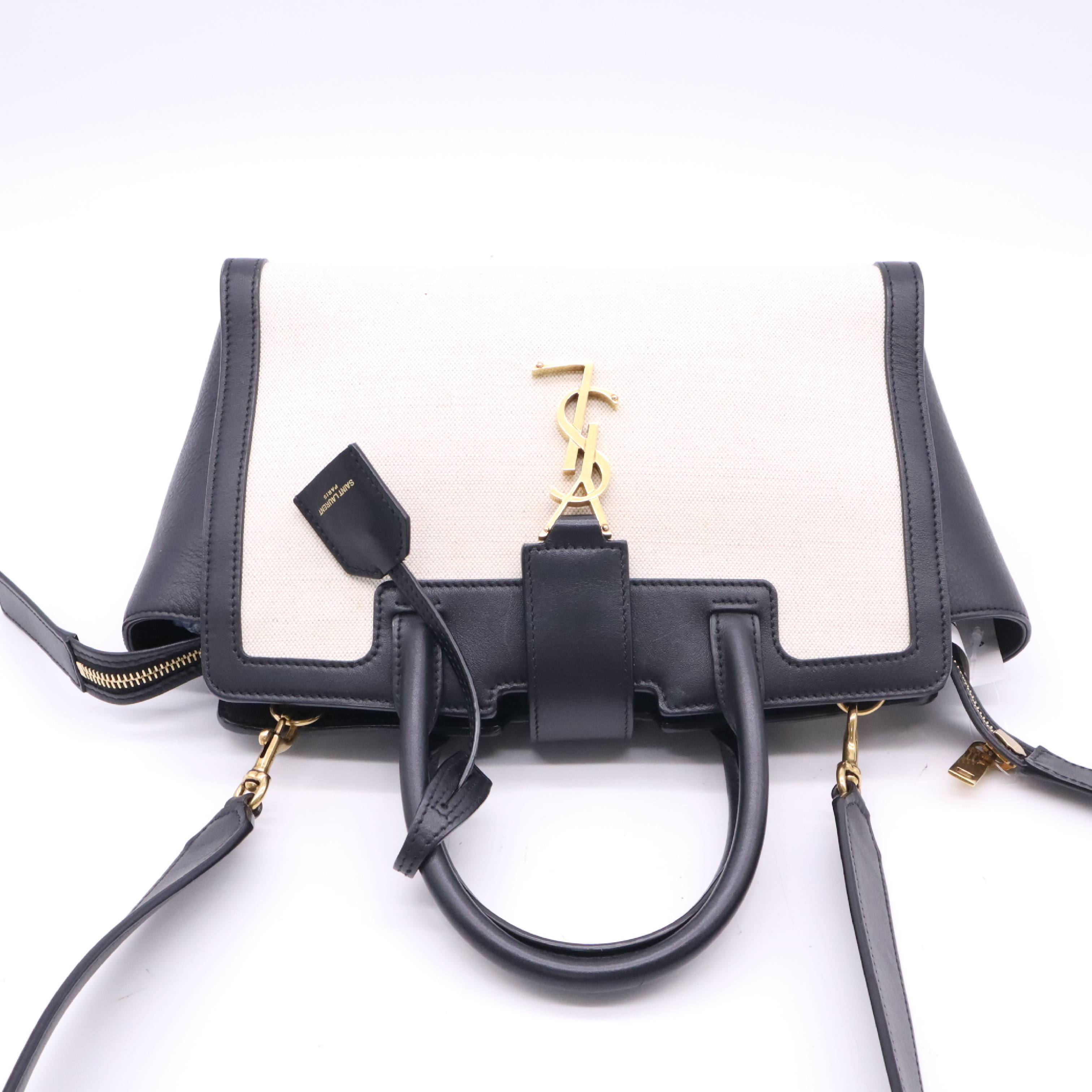 635346 Canvas x Leather Downtown Baby 2-Way Handbag, Natural x Black, with Strap — view 6