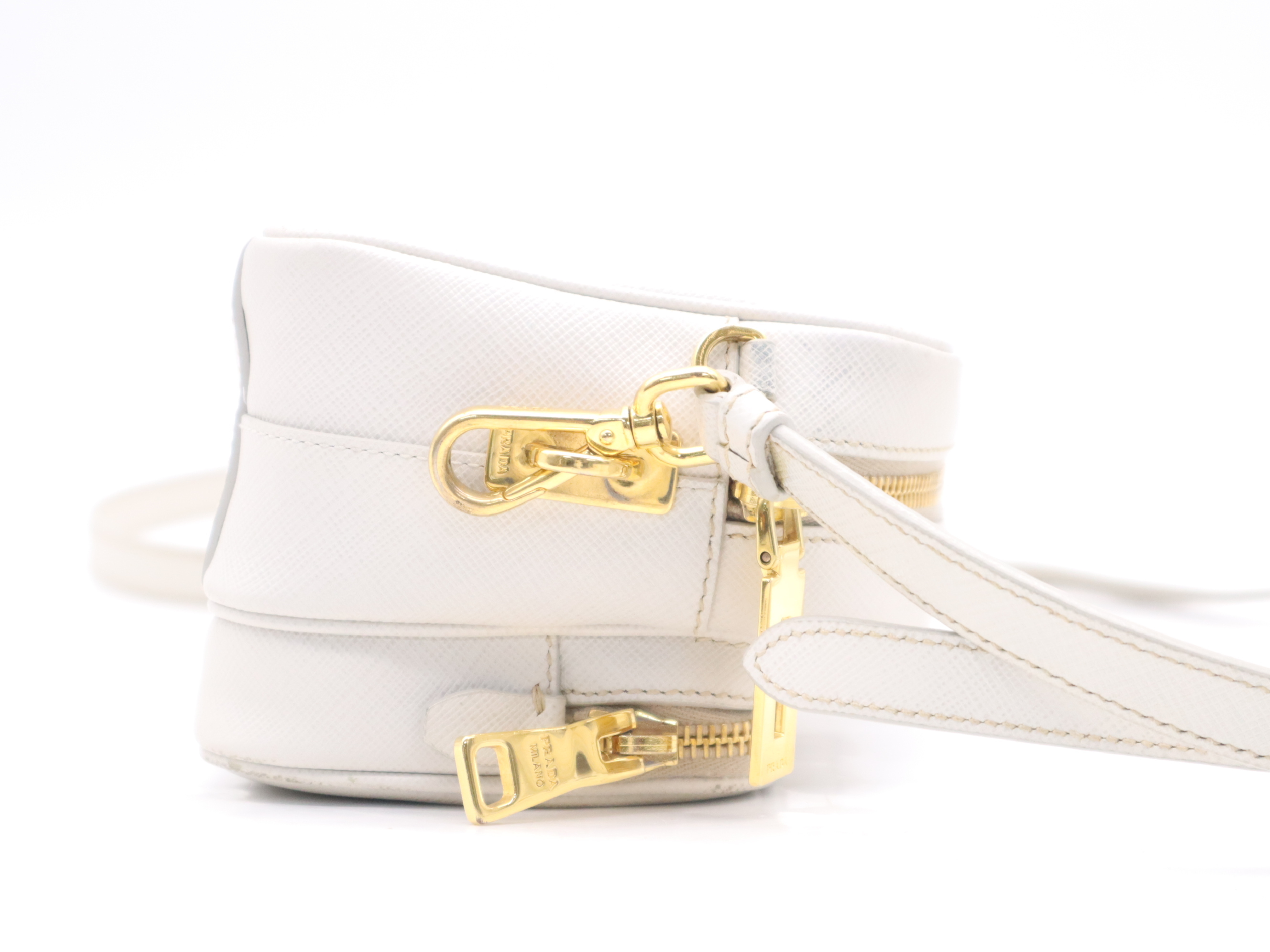 Leather Triangle Logo Shoulder Bag, White, Gold Hardware, with Shoulder Strap — view 5