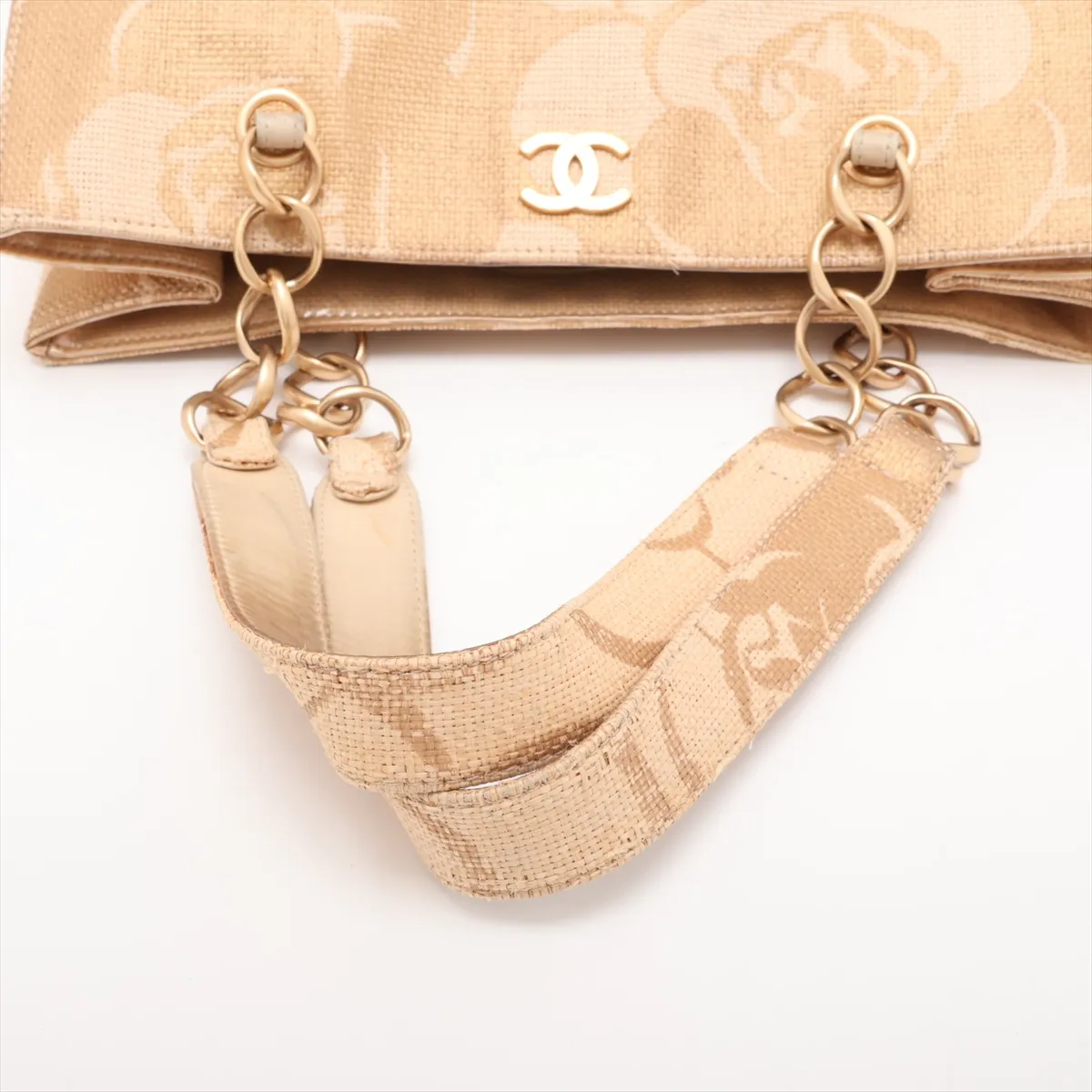 Camellia Straw x Vinyl Chain Shoulder Bag, Coco Mark, Beige, Gold Hardware, 8896250, Series 8 — view 5