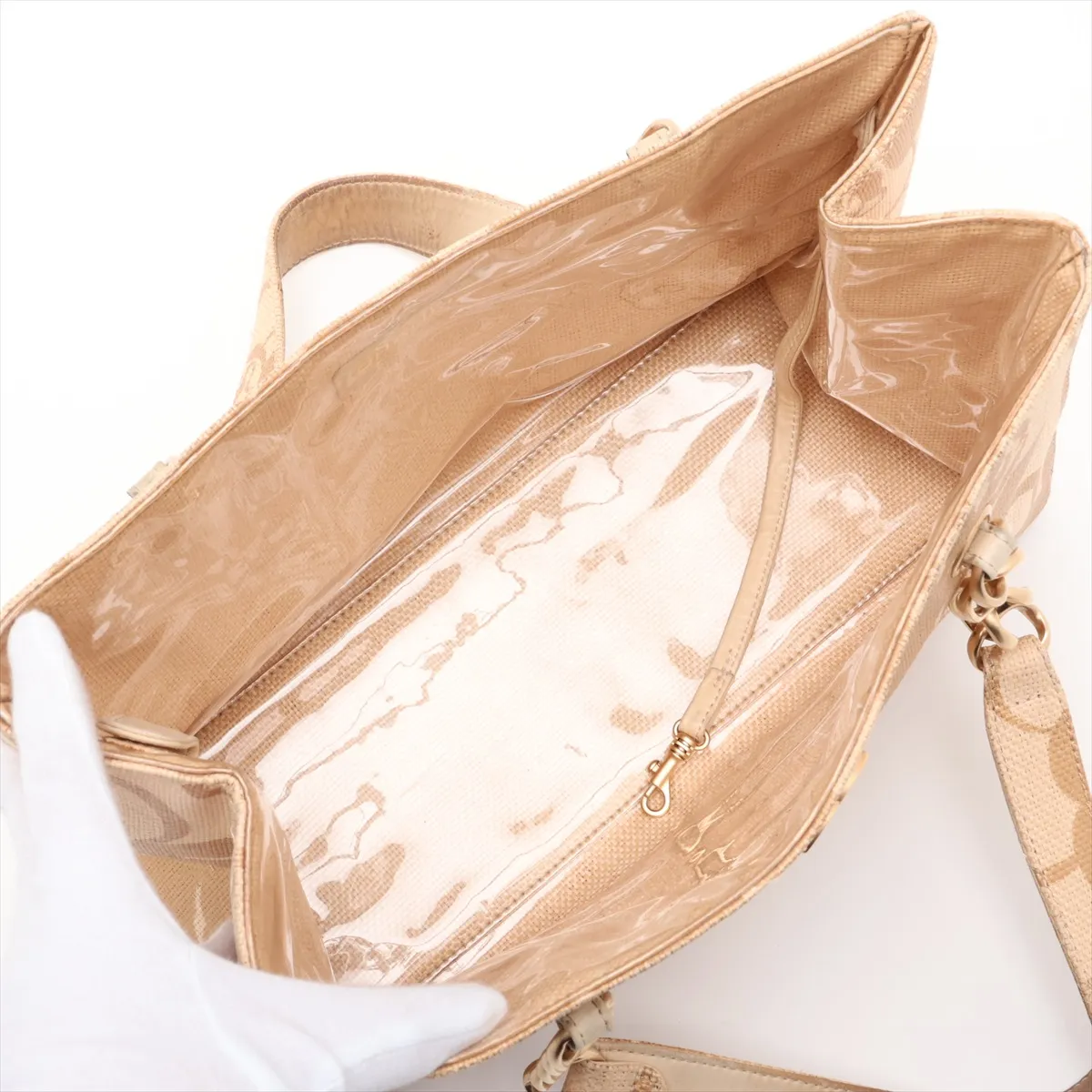 Camellia Straw x Vinyl Chain Shoulder Bag, Coco Mark, Beige, Gold Hardware, 8896250, Series 8 — view 7