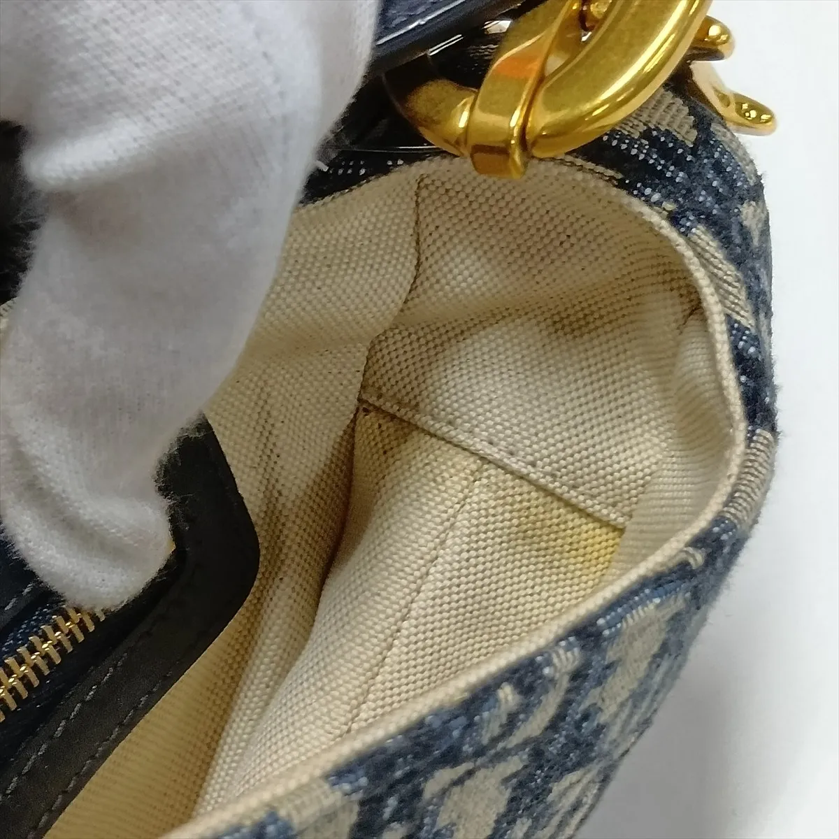 Oblique Saddle Canvas x Leather Shoulder Bag, Beige x Navy — view 15