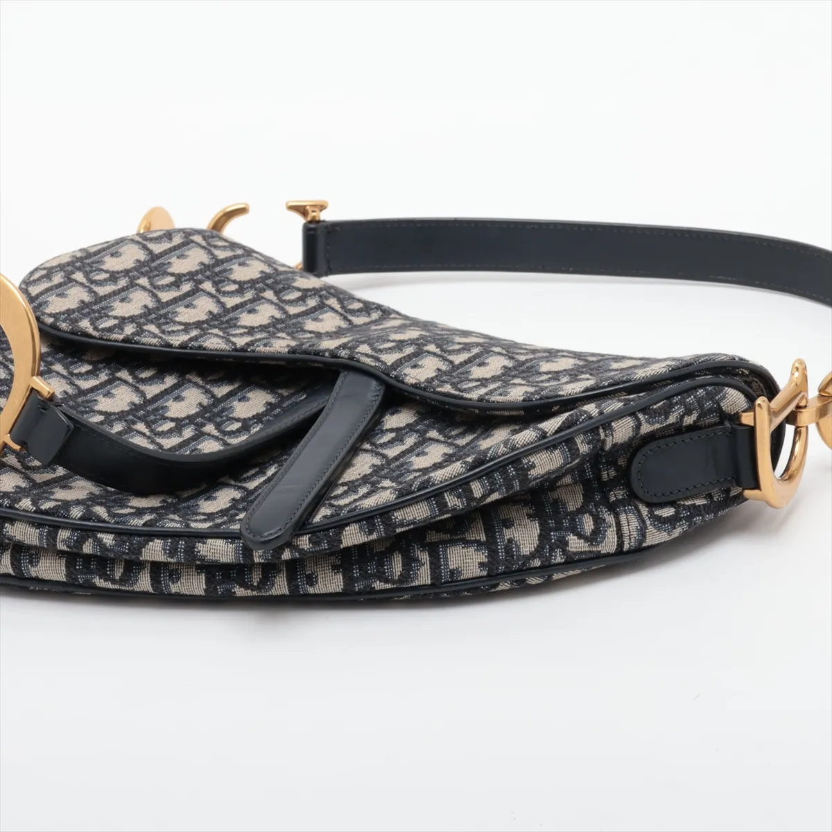 Oblique Saddle Canvas x Leather Shoulder Bag, Beige x Navy — view 3