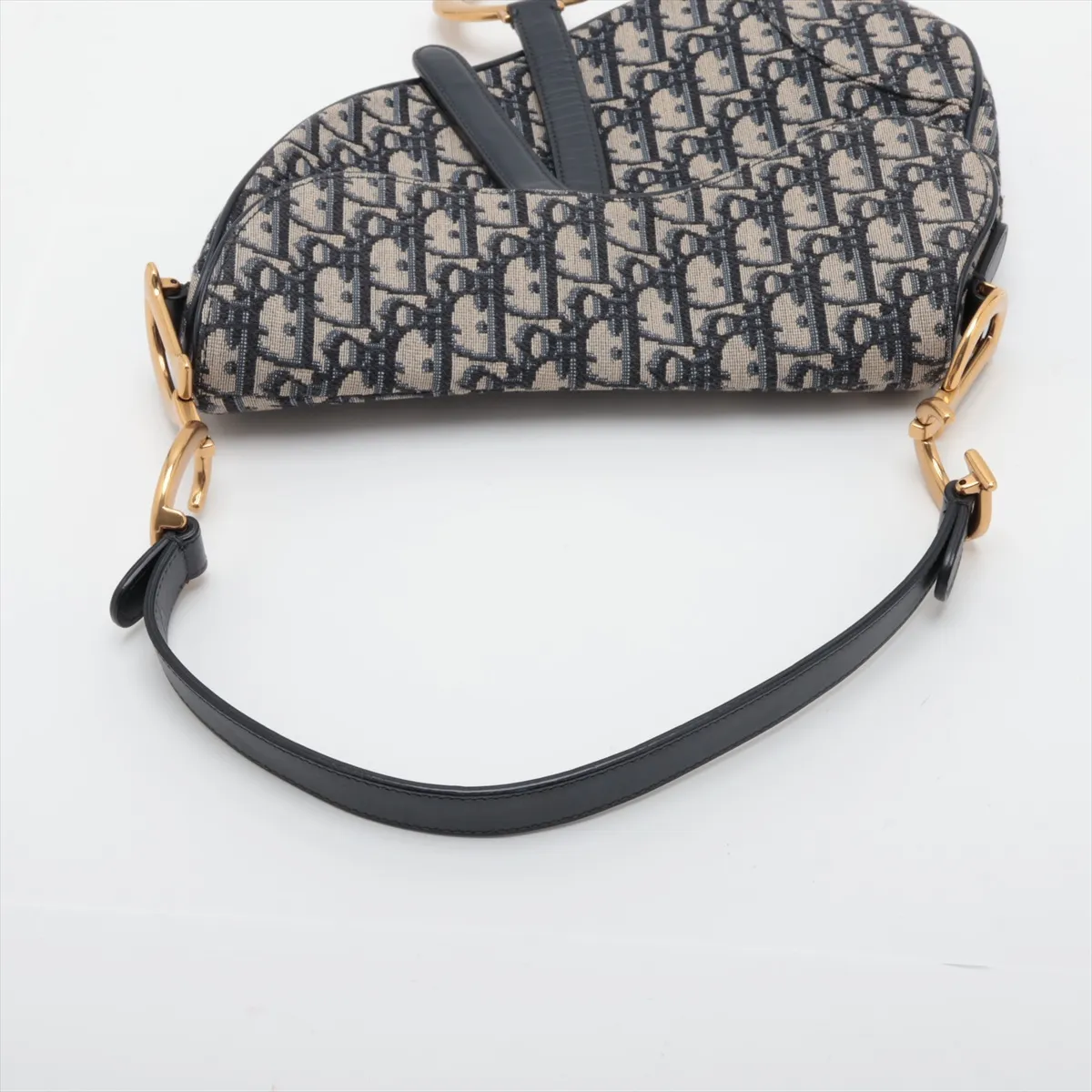 Oblique Saddle Canvas x Leather Shoulder Bag, Beige x Navy — view 5