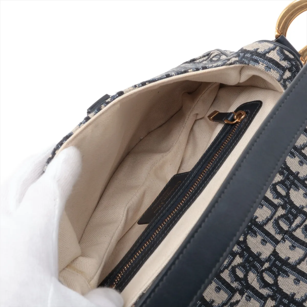 Oblique Saddle Canvas x Leather Shoulder Bag, Beige x Navy — view 7