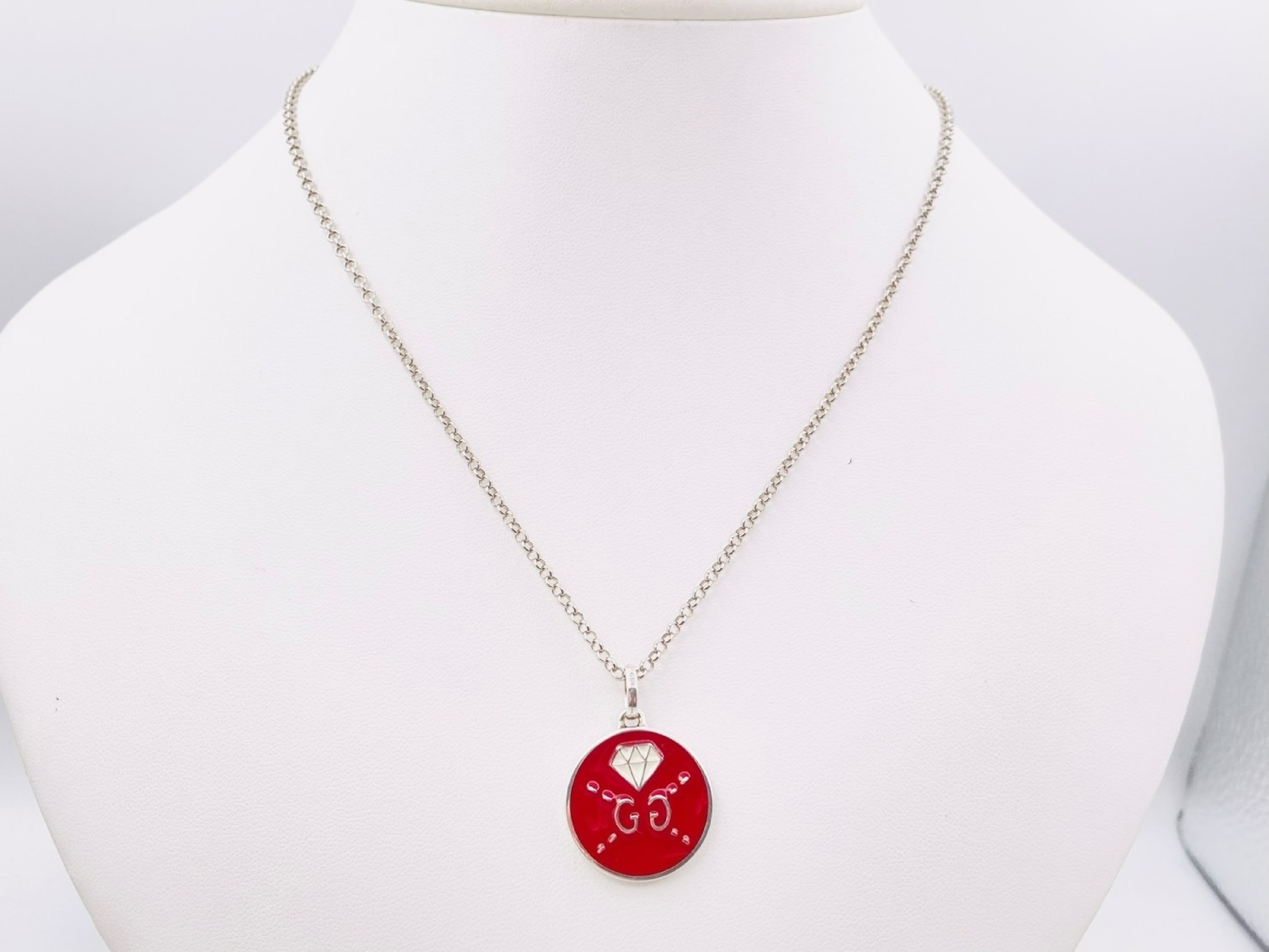 Ghost Diamond Enamel Round Necklace, 925 Sterling Silver, 10.5g, Red x Silver Necklace — view 2