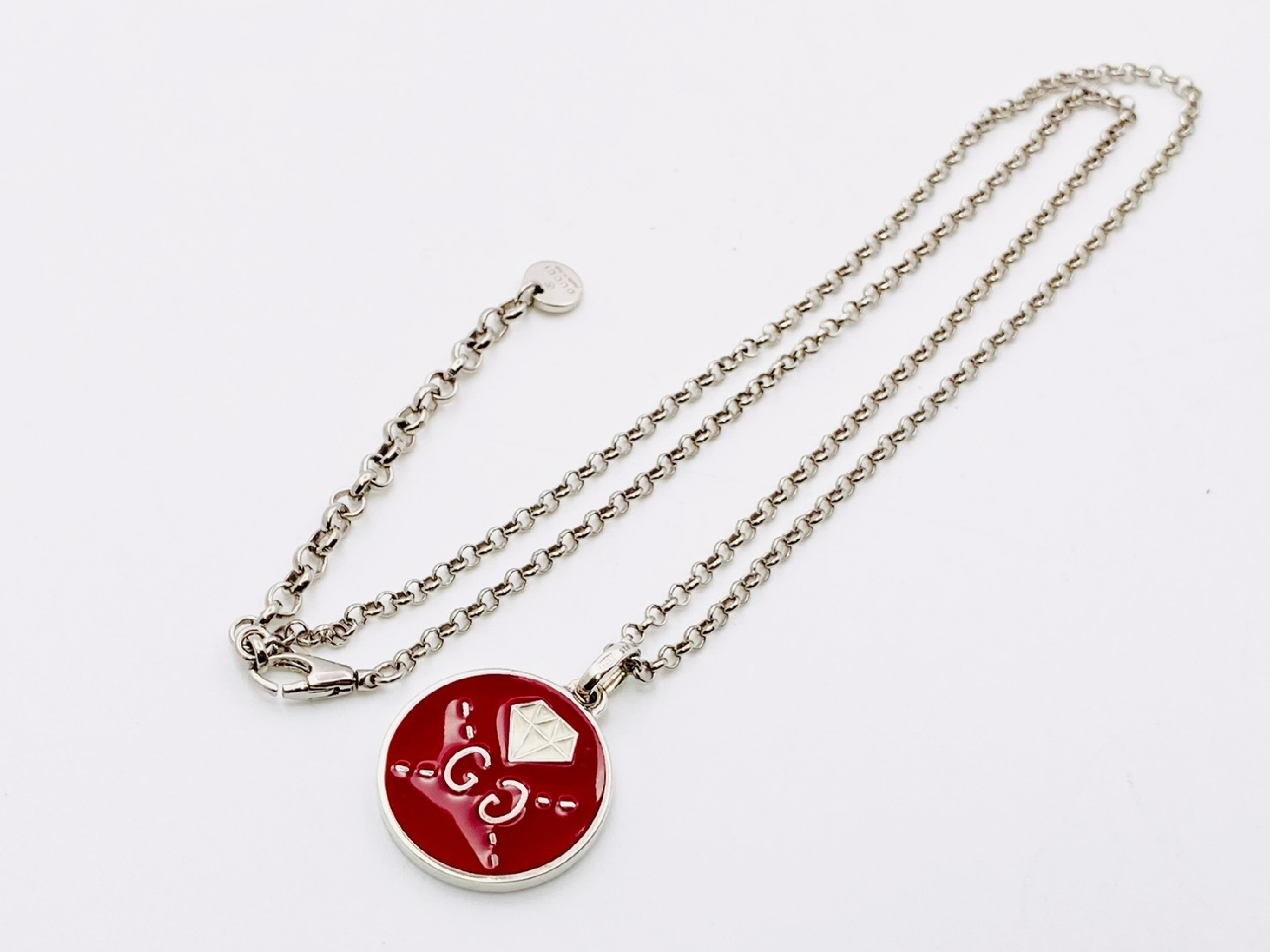 Ghost Diamond Enamel Round Necklace, 925 Sterling Silver, 10.5g, Red x Silver Necklace — view 3