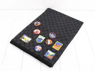 Damier pattern long scarf with patch, includes domestic tag.