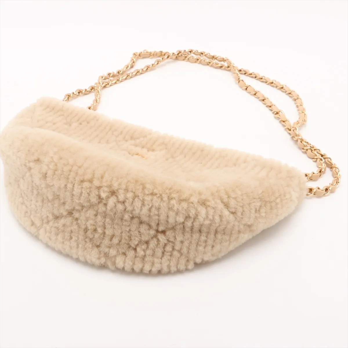 Coconeige Shearling Chain Shoulder Bag, Beige, Gold Hardware, Random Plate — view 3
