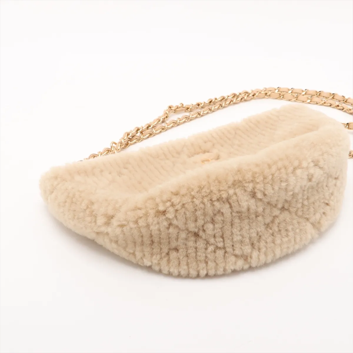 Coconeige Shearling Chain Shoulder Bag, Beige, Gold Hardware, Random Plate — view 4