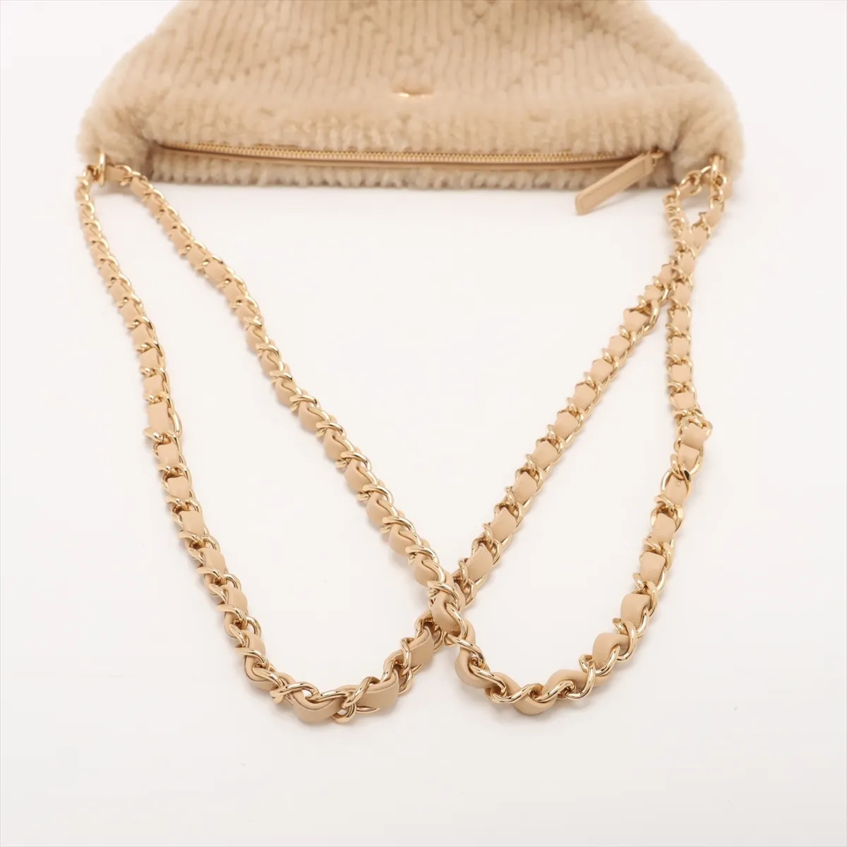 Coconeige Shearling Chain Shoulder Bag, Beige, Gold Hardware, Random Plate — view 5