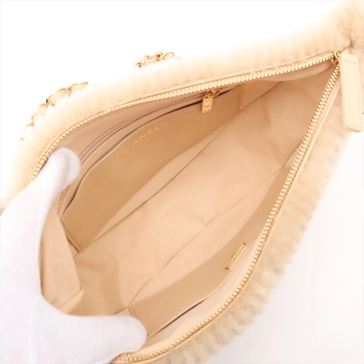 Coconeige Shearling Chain Shoulder Bag, Beige, Gold Hardware, Random Plate — view 7