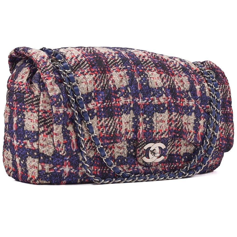 Nylon x Leather Tweed Pattern Chain Shoulder Bag, Multicolor, Silver Hardware, 1 — view 3