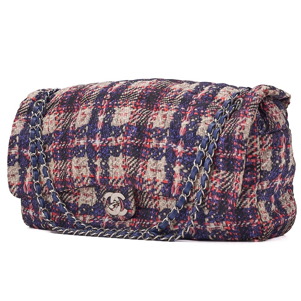 Nylon x Leather Tweed Pattern Chain Shoulder Bag, Multicolor, Silver Hardware, 1 — view 4