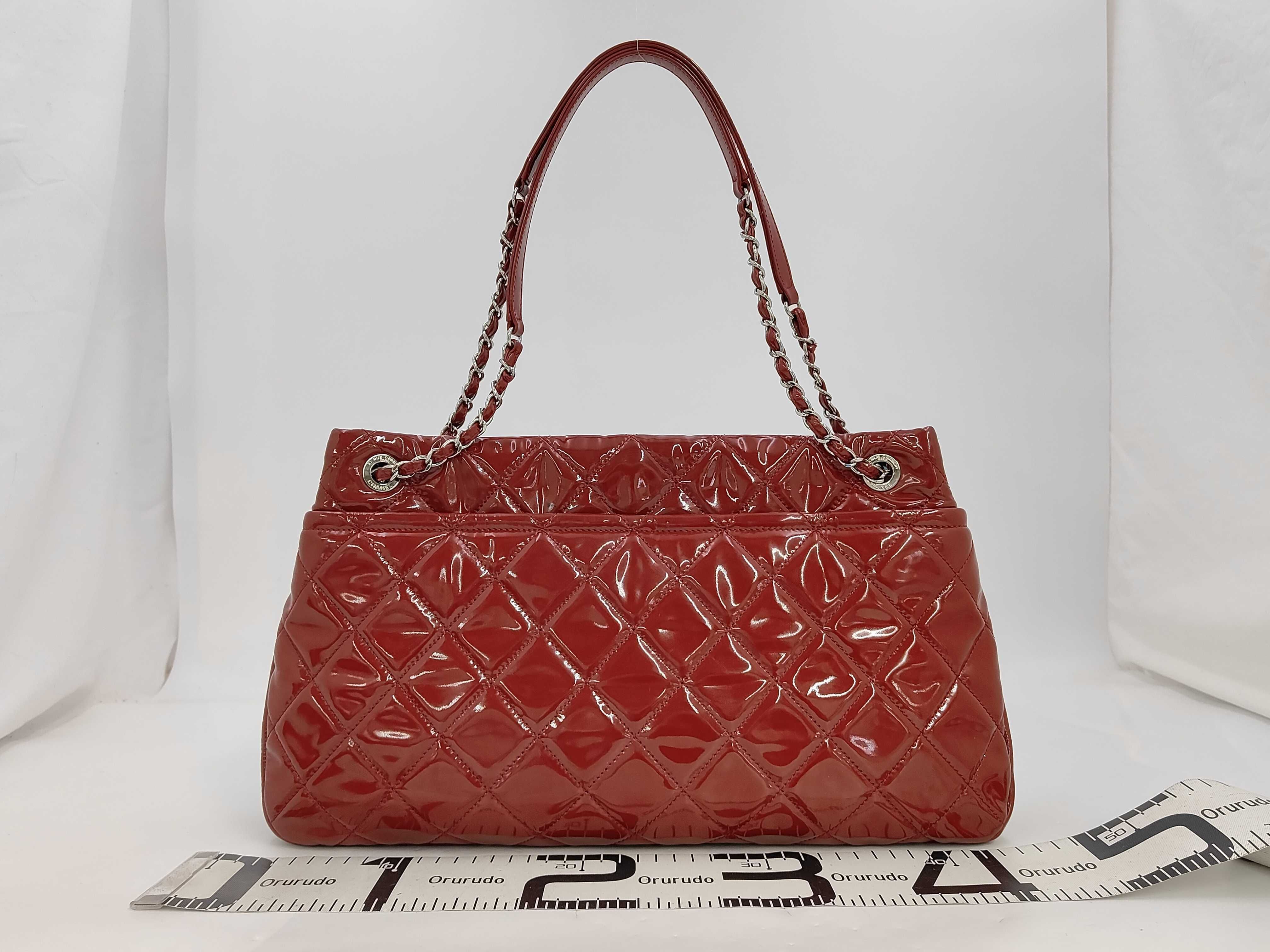 Matelassé Chain Shopping Tote, Red/Silver Hardware, Patent Leather, Serial Number 16 Series Tote Bag — view 2