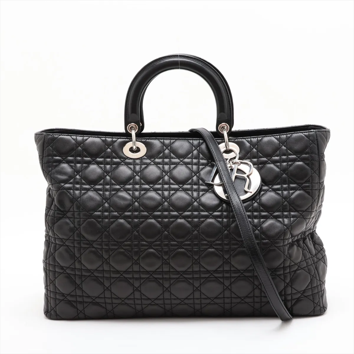 Cannage Lady Dior Large Leather 2-Way Handbag, Black