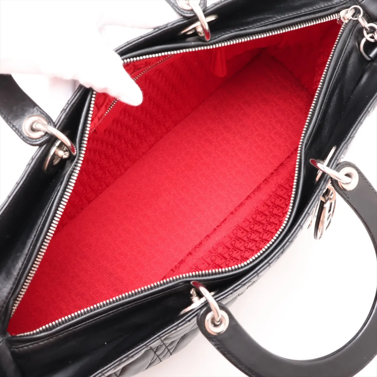 Cannage Lady Dior Large Leather 2-Way Handbag, Black — view 8