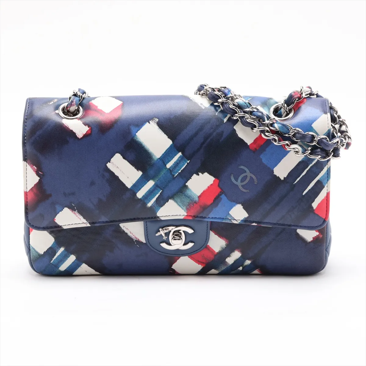 Airline Lambskin Double Flap Double Chain Bag, Blue x White, Silver Hardware, 22584289, Serial Number 22