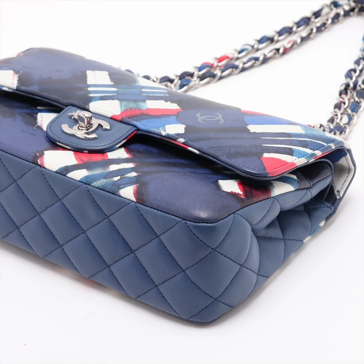 Airline Lambskin Double Flap Double Chain Bag, Blue x White, Silver Hardware, 22584289, Serial Number 22 — view 3