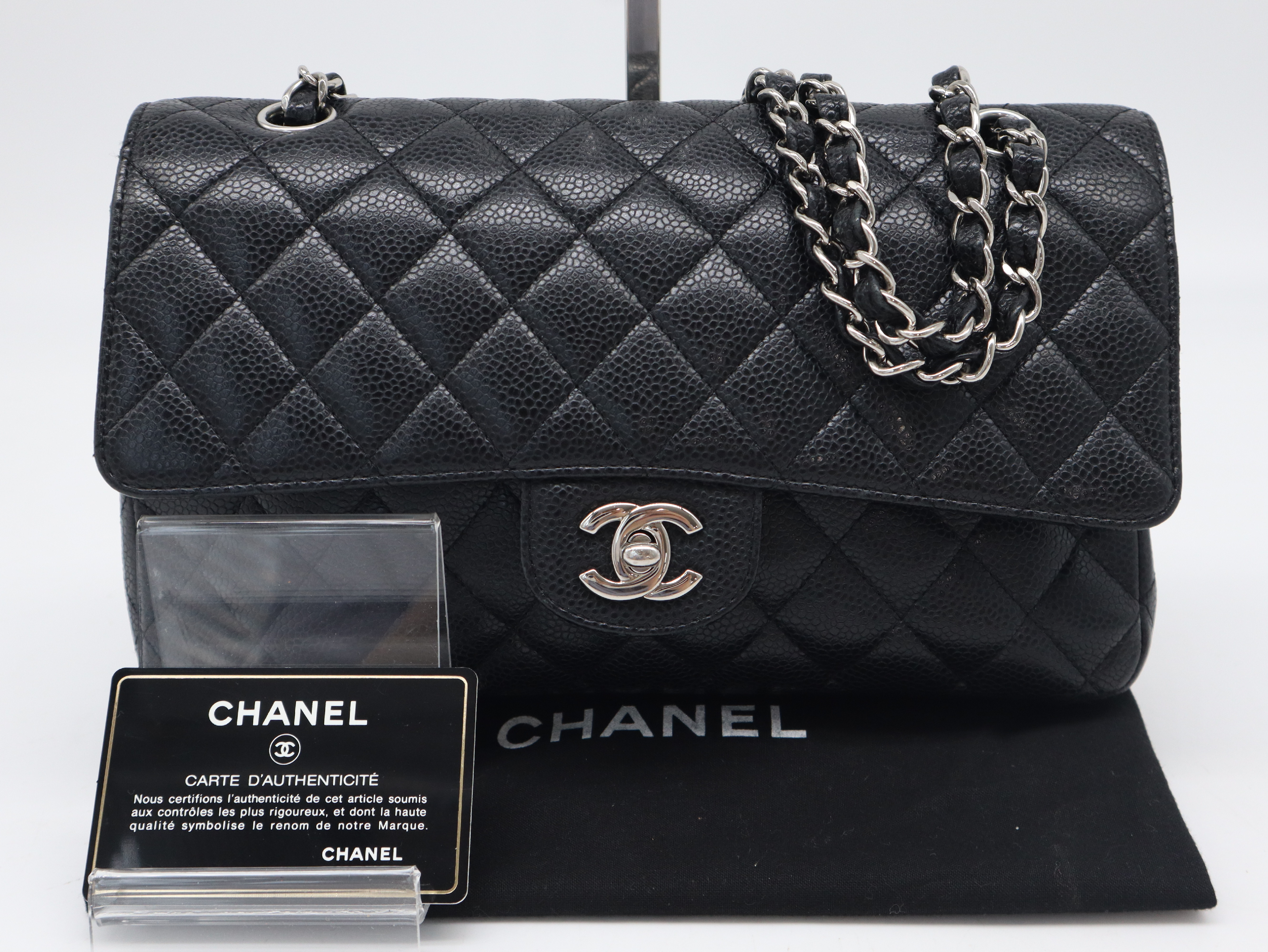 Caviar Skin Matelassé 25 Shoulder Bag with Double Flap, Double Chain, Silver Hardware, Seal, Card, 13099457, Guarantee Card, and Dust Bag.