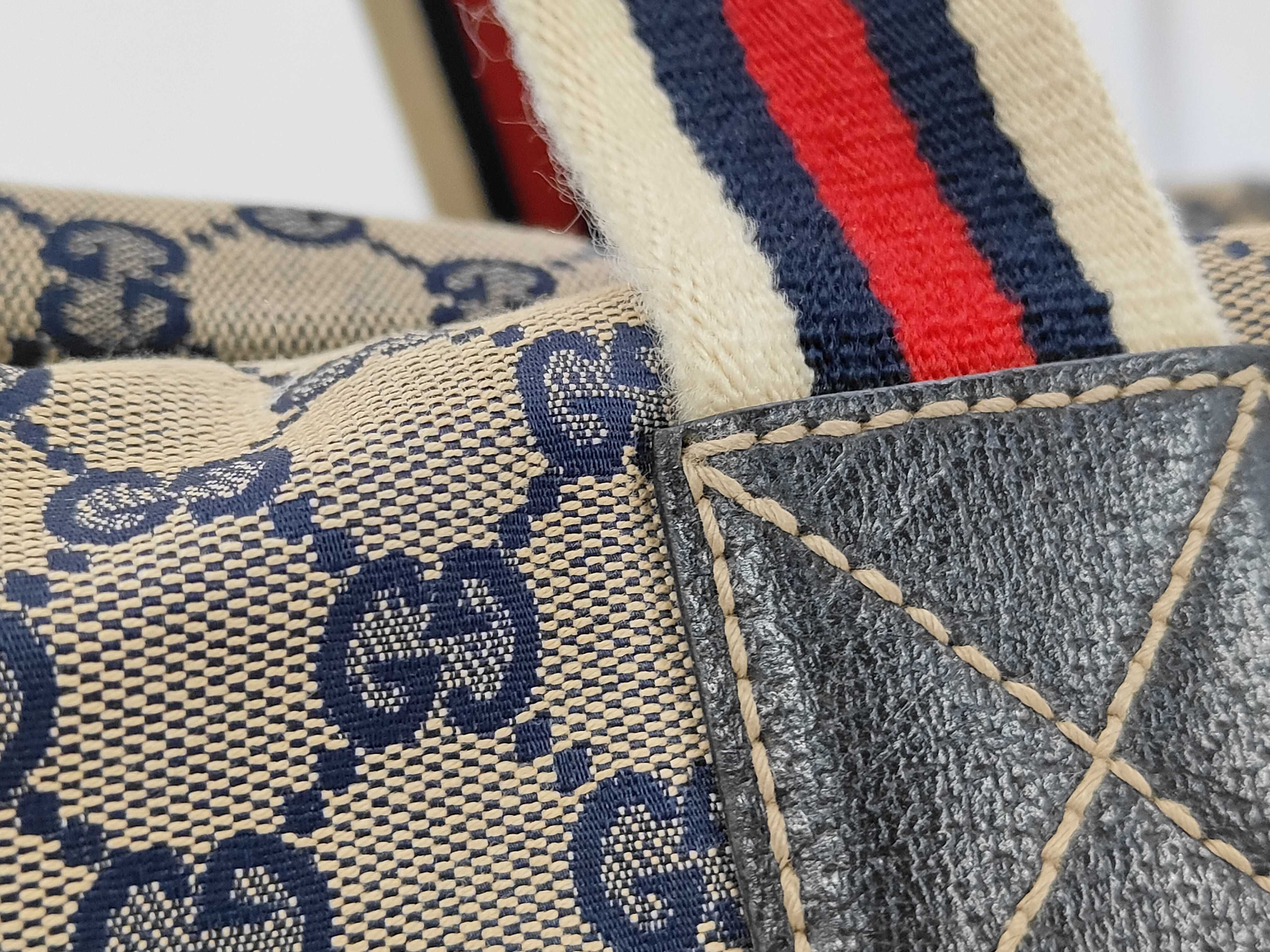 Beige Navy Canvas GG Monogram Sherry 146310 Boston Bag — view 3