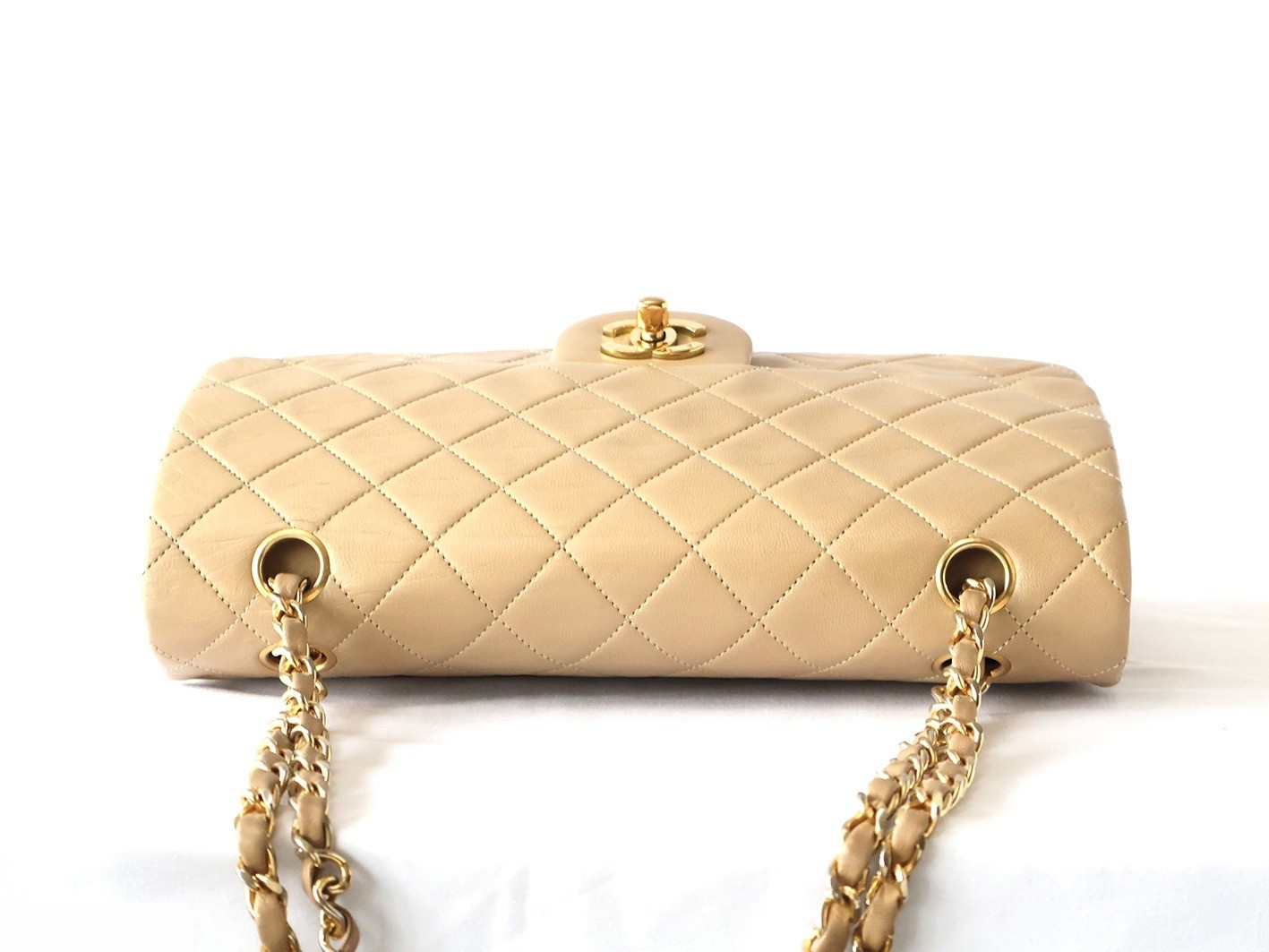 Matelassé 25 Lambskin Double Flap Double Chain Shoulder Bag, Beige — view 7
