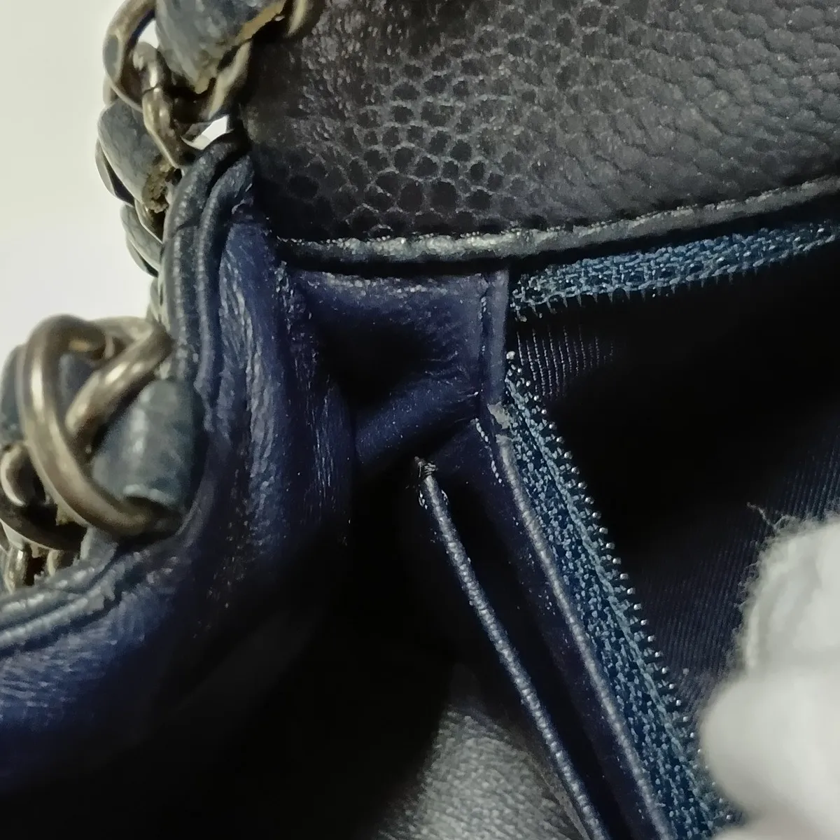 Mini Matelassé 20 Caviar Skin Single Flap Single Chain Bag, Navy, Gunmetal Hardware, 21567046, Serial Number 21-A69900 — view 13