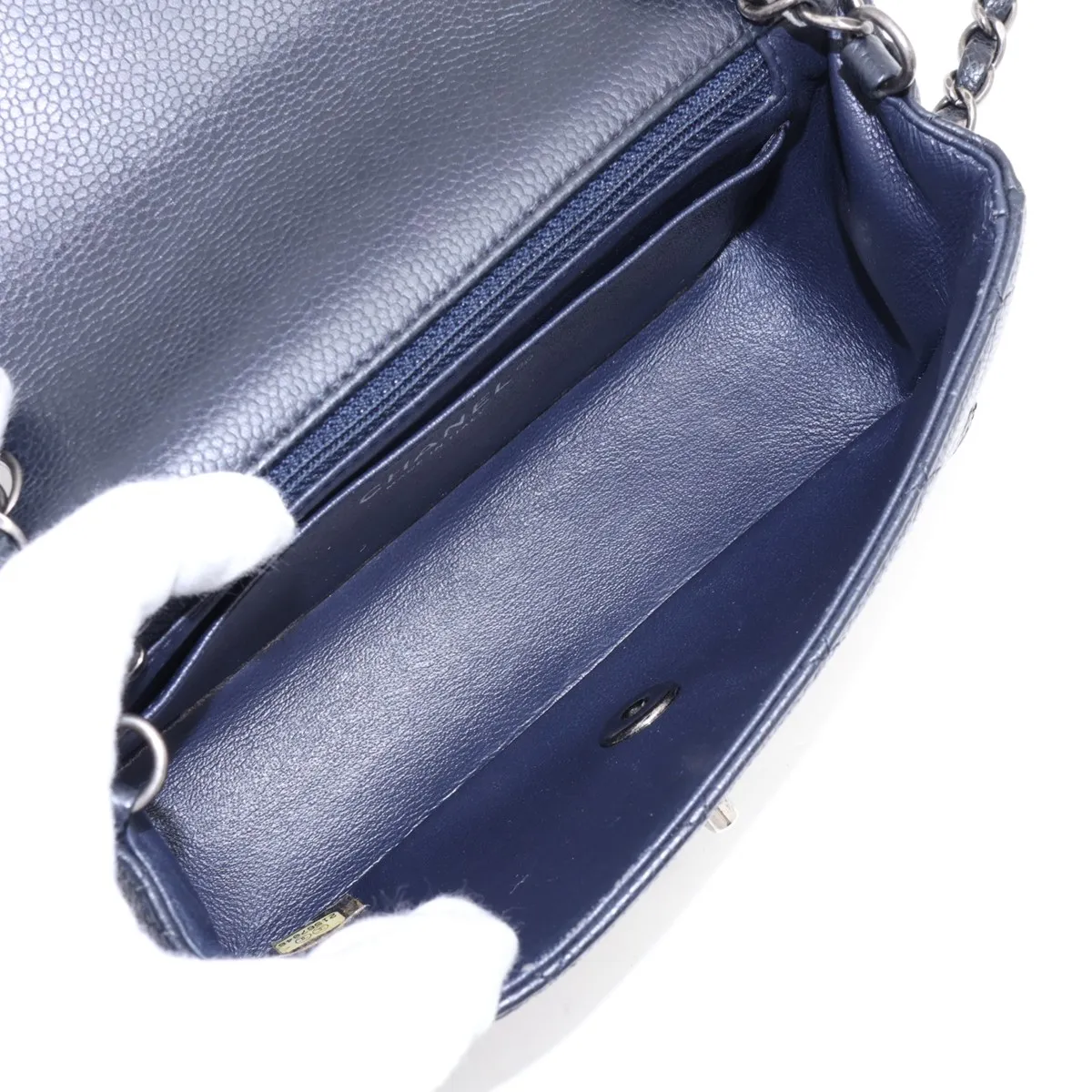 Mini Matelassé 20 Caviar Skin Single Flap Single Chain Bag, Navy, Gunmetal Hardware, 21567046, Serial Number 21-A69900 — view 6