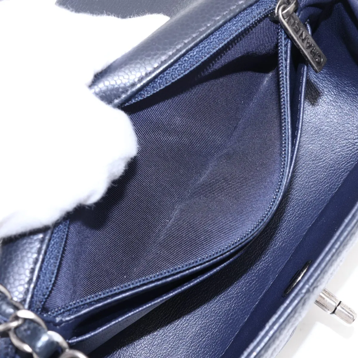 Mini Matelassé 20 Caviar Skin Single Flap Single Chain Bag, Navy, Gunmetal Hardware, 21567046, Serial Number 21-A69900 — view 7