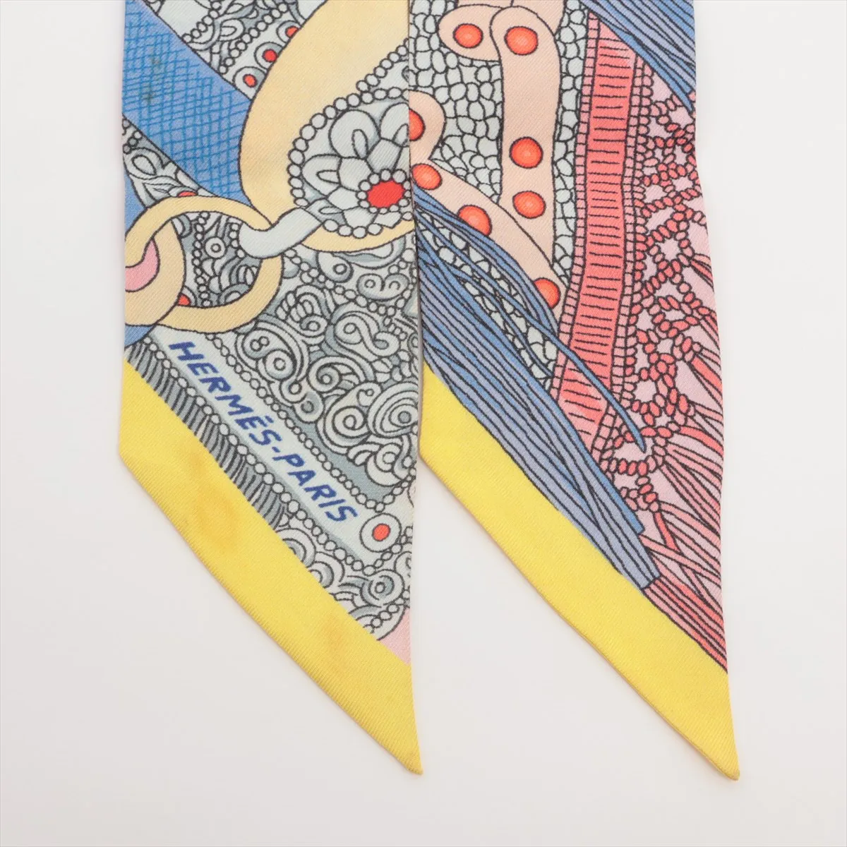 Twilly Selle de Dignitaire (Official's Saddle) Scarf, Silk, Light Blue x Yellow. Shows signs of wear, including snags, — view 2