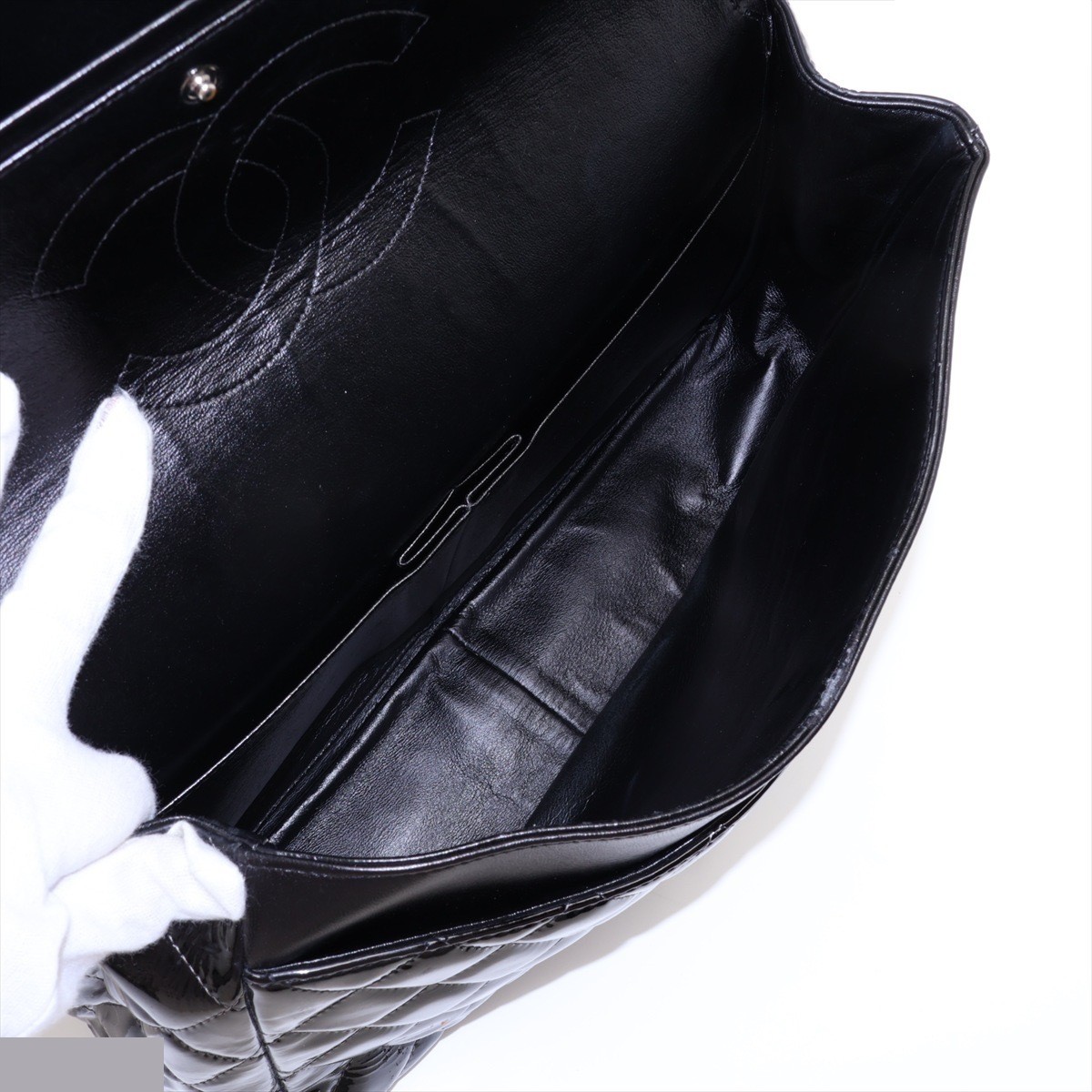 Large Matelassé 34 Maxi Shoulder Bag, Patent Leather, Double Flap — view 7